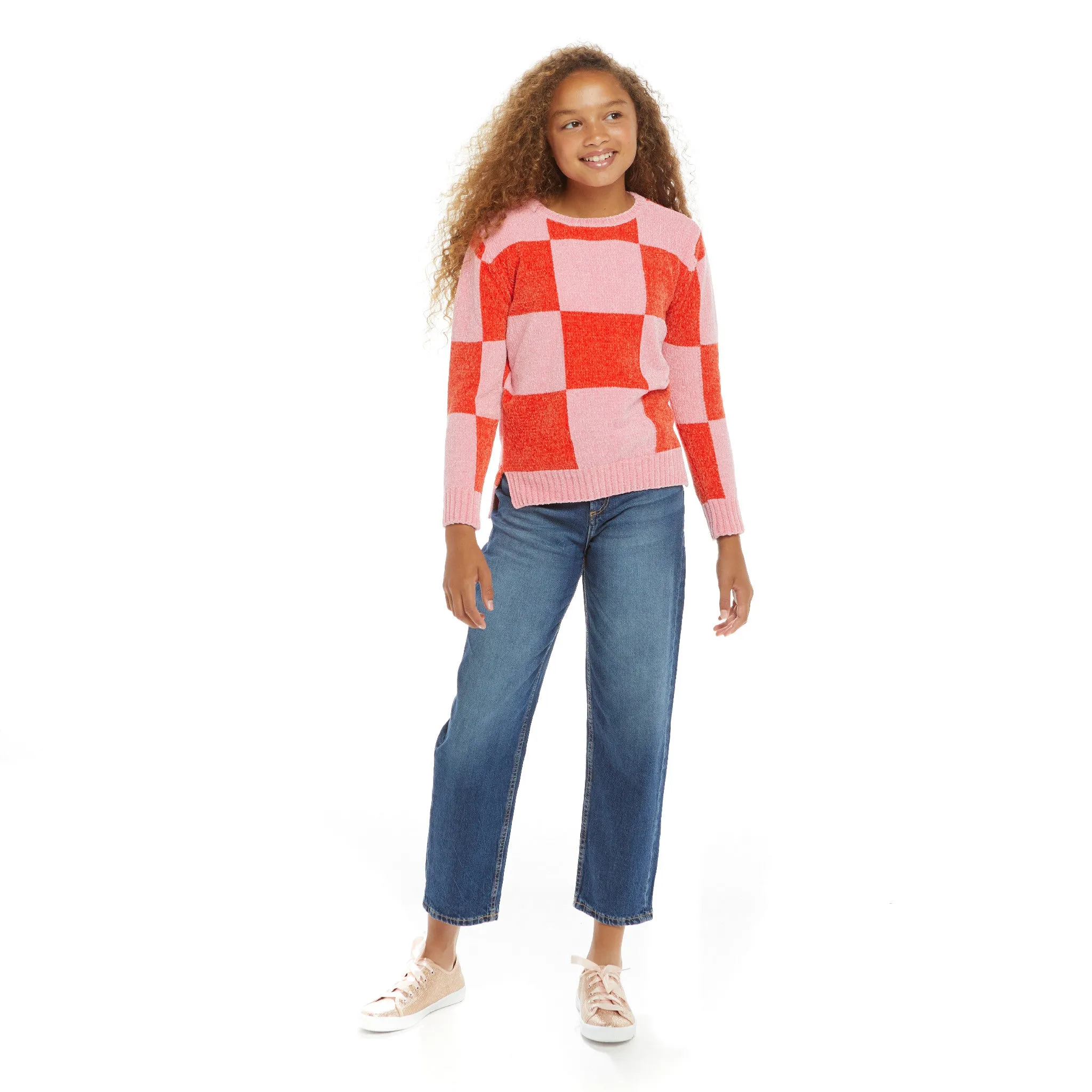 Chenille Checker Sweater | Pink & Red