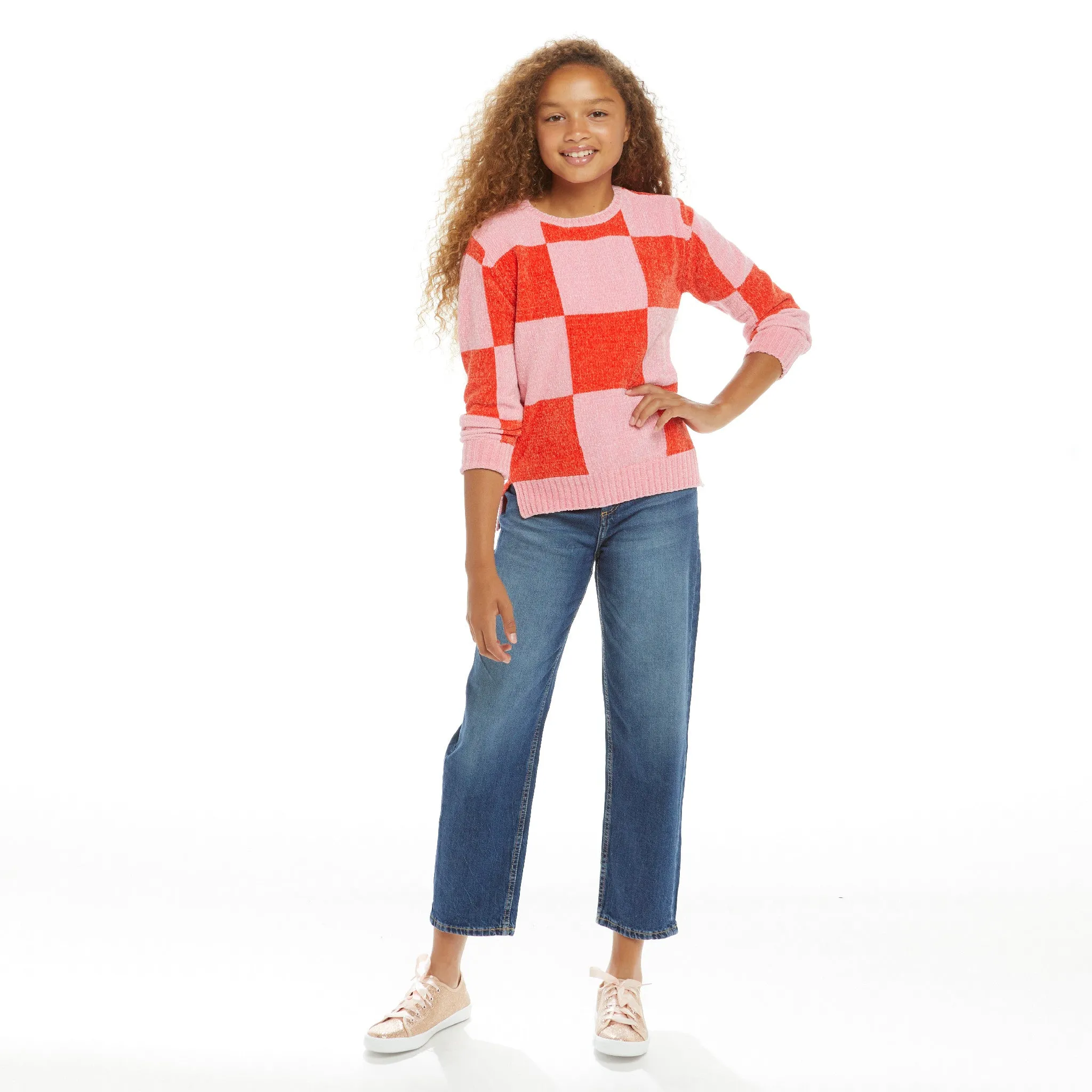 Chenille Checker Sweater | Pink & Red