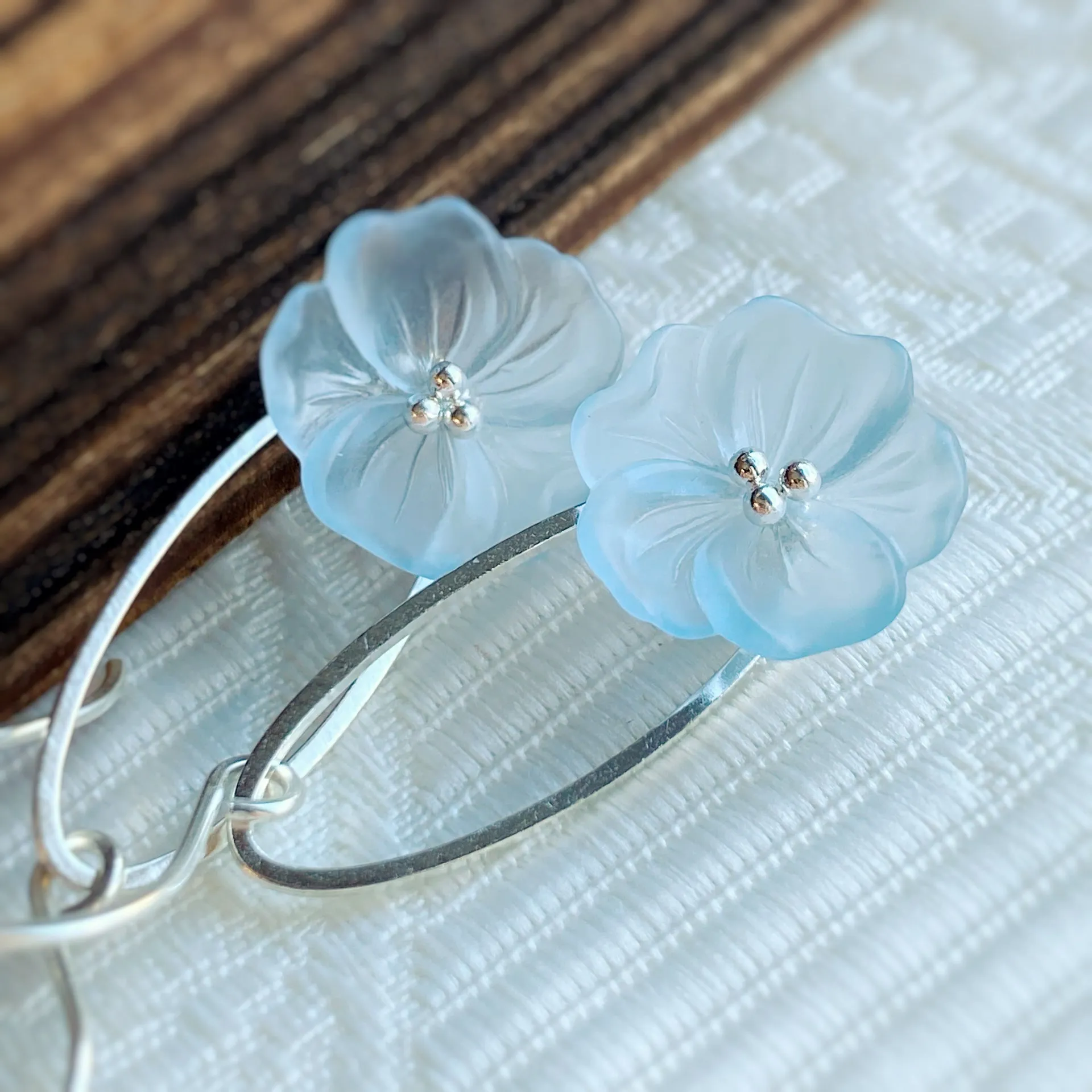 Clearance Sky blue flower earrings on silver ovals, sterling ear hooks