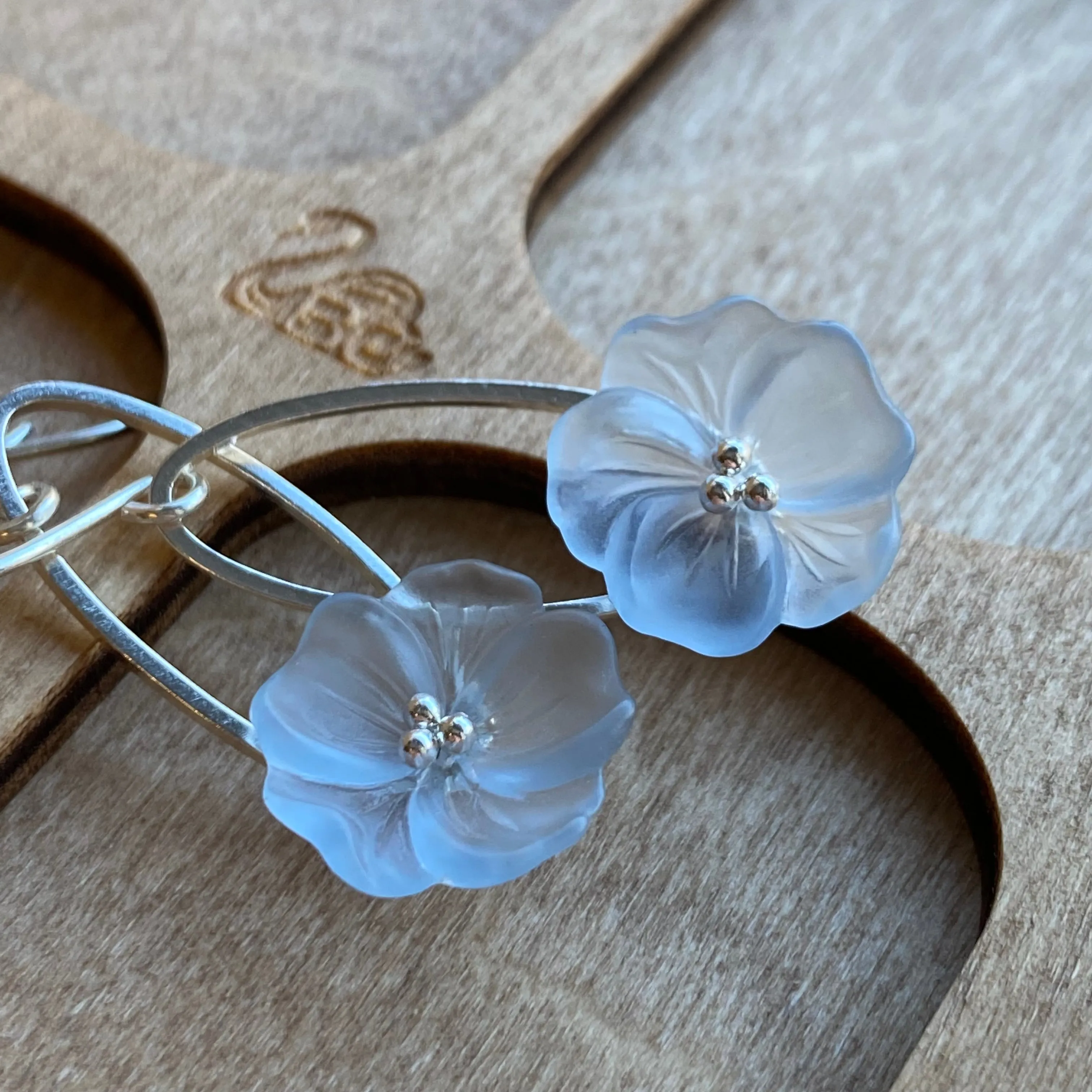 Clearance Sky blue flower earrings on silver ovals, sterling ear hooks