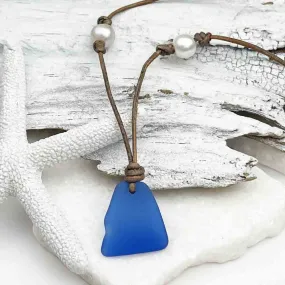 Cobalt Blue Sea Glass Leather Necklace with Genuine Freshwater Pearls | #1900