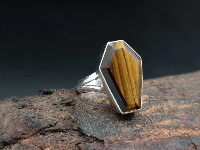 Coffin Ring, Tiger Eye Ring, 925 Solid Sterling Silver, Coffin Shape Natural Beautiful Tiger Eye Gemstone Ring, Coffin Ring for Women, Gift