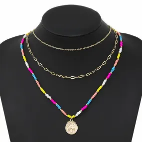 Coin Pendant Seed Beaded Layered Necklace