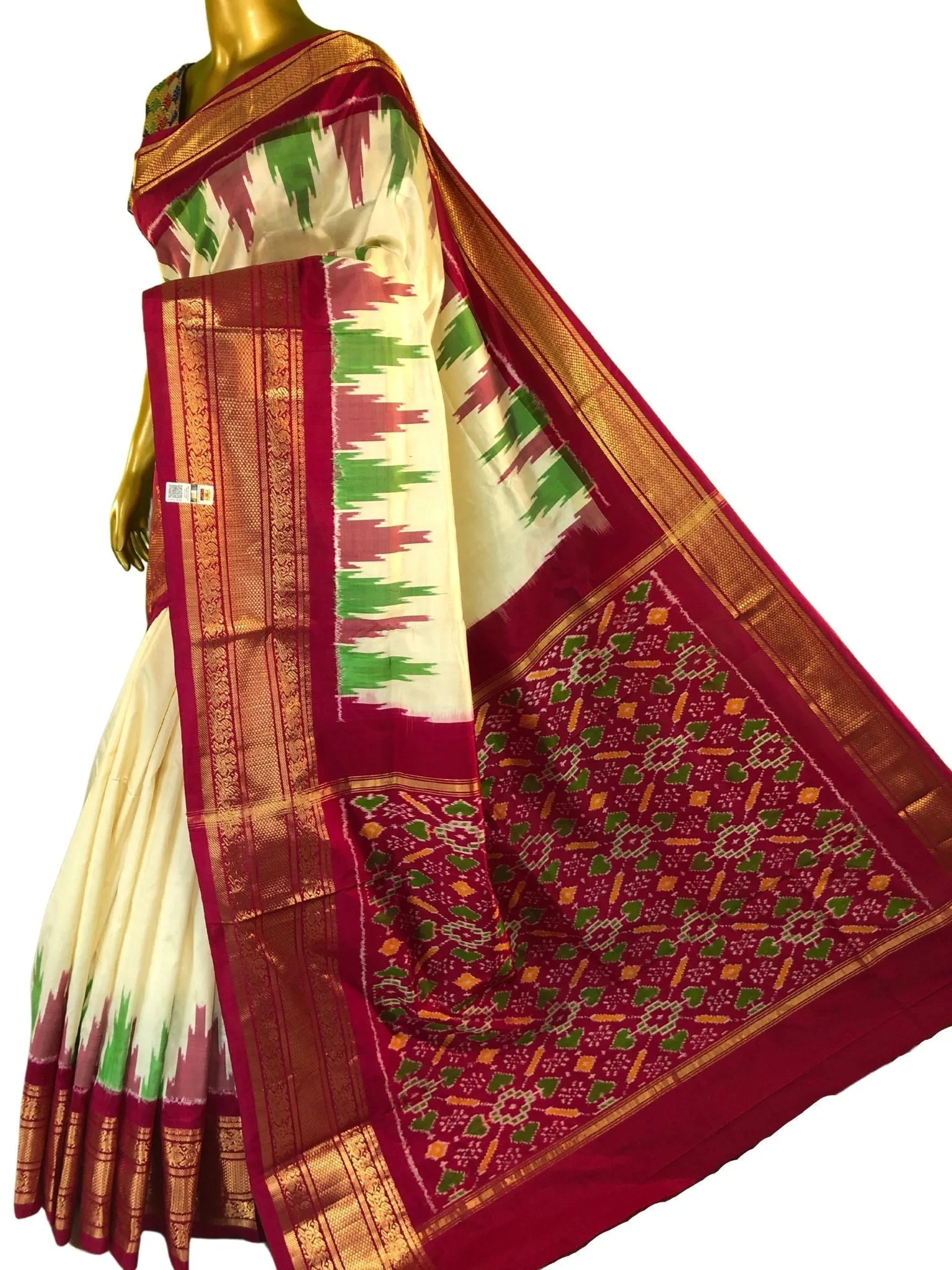 Cream and Magenta Color Ikat Silk Saree with Kanchi Border