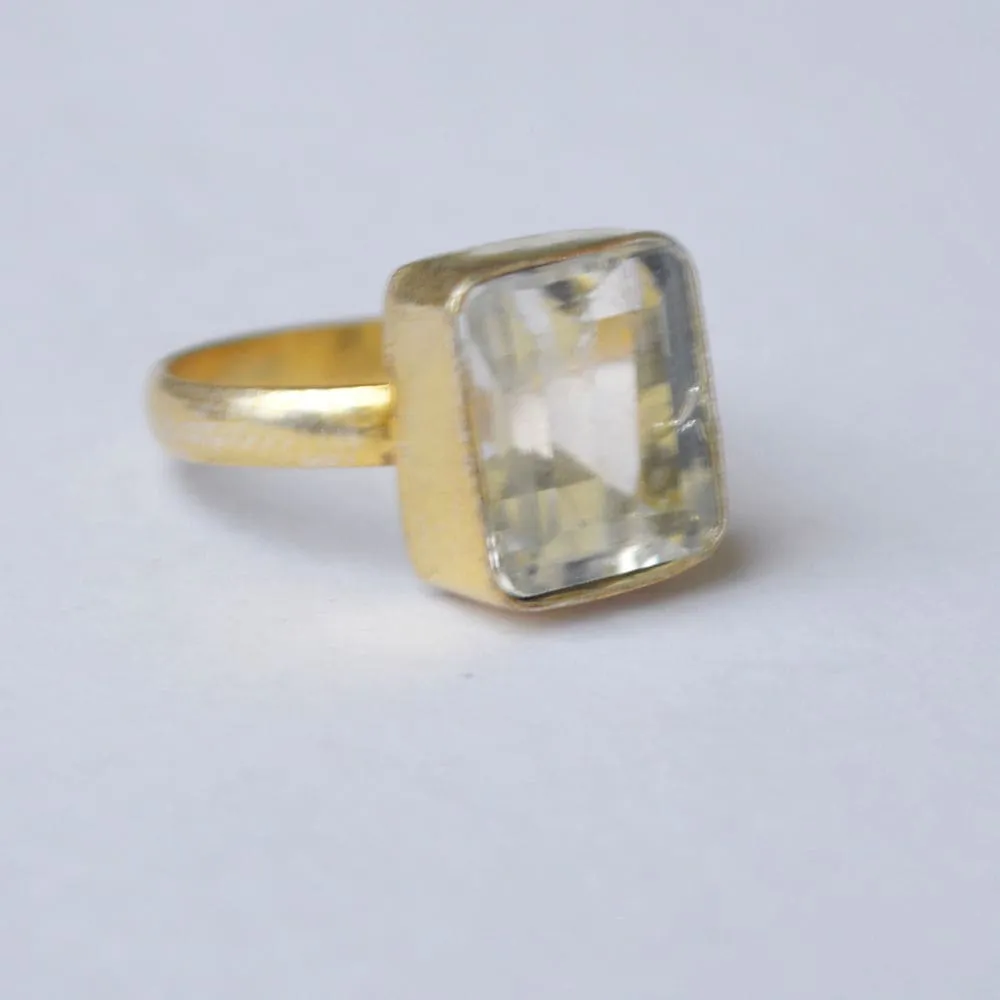 Cushion Cut Rock Crystal Gemstone 925 Sterling Silver Ring, Yellow Gold Plated Ring, Gift Ring