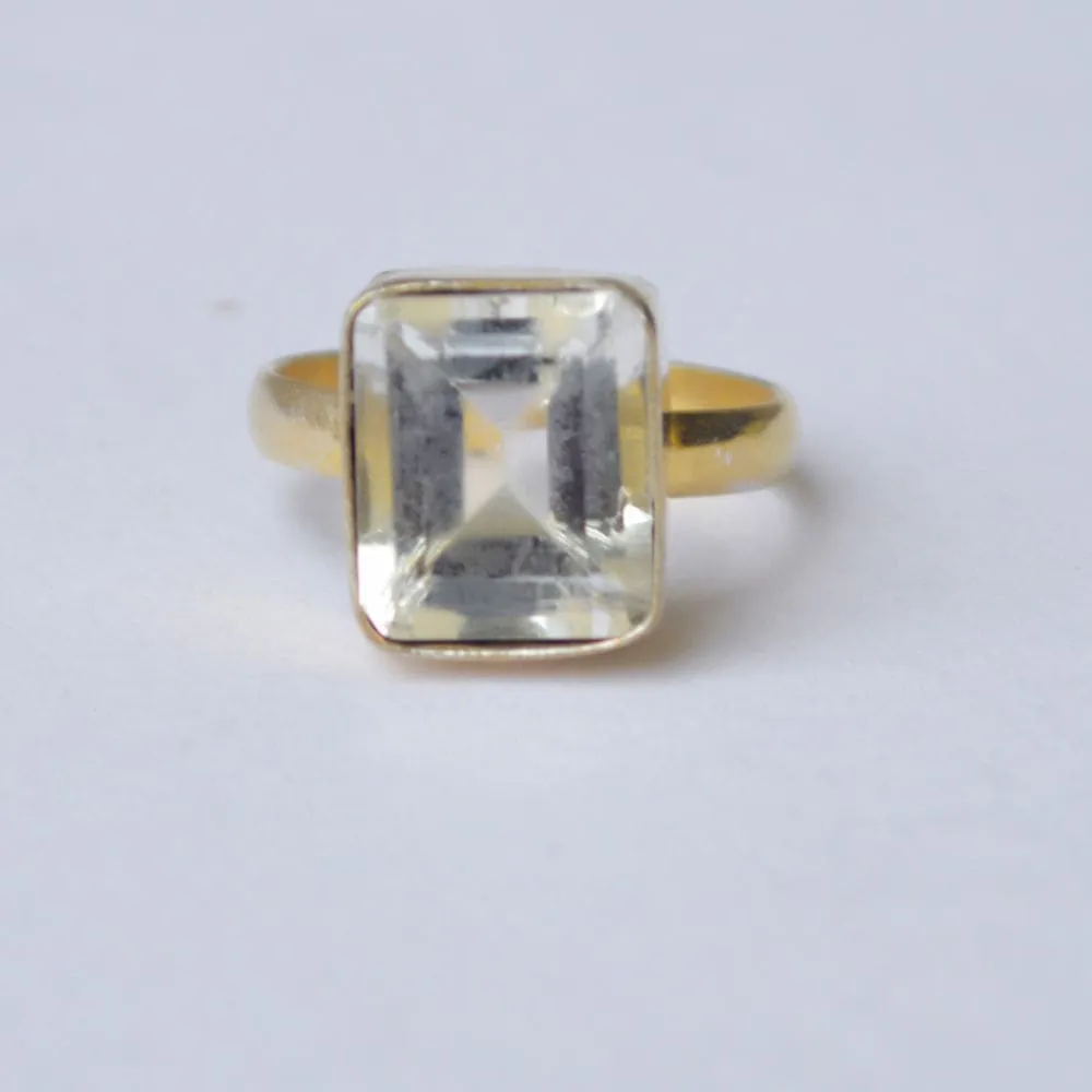 Cushion Cut Rock Crystal Gemstone 925 Sterling Silver Ring, Yellow Gold Plated Ring, Gift Ring