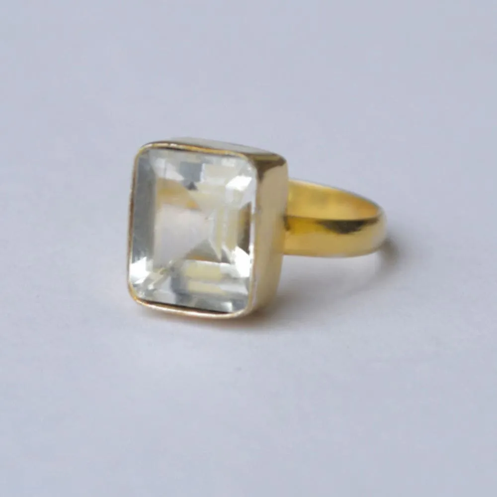 Cushion Cut Rock Crystal Gemstone 925 Sterling Silver Ring, Yellow Gold Plated Ring, Gift Ring