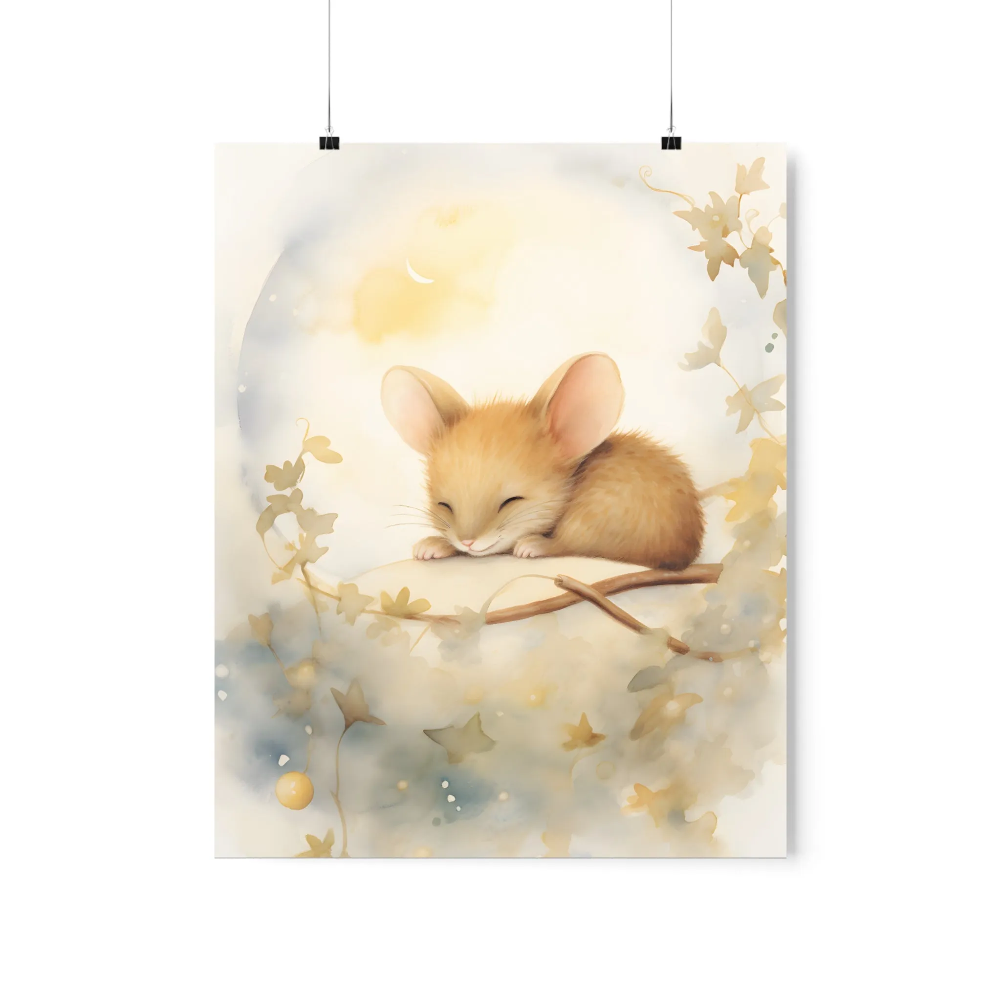 Cute sleeping Mouse, Baby Girl Room Wall Art, Girl Nursery Decor, Kids room decor, cloud, stars, moon, sleeping animals,