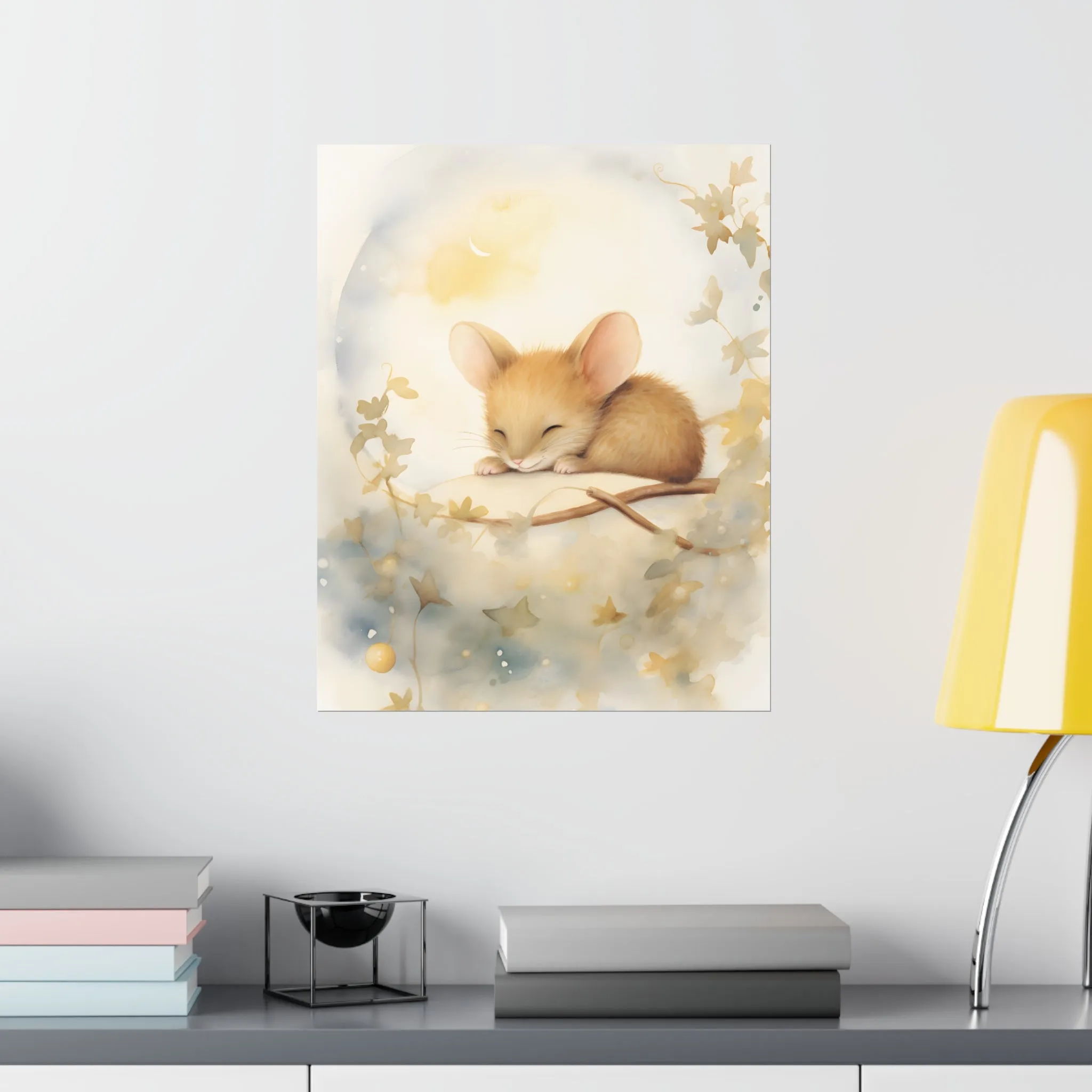 Cute sleeping Mouse, Baby Girl Room Wall Art, Girl Nursery Decor, Kids room decor, cloud, stars, moon, sleeping animals,