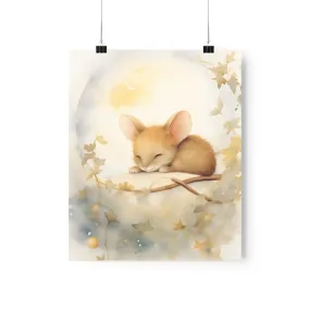 Cute sleeping Mouse, Baby Girl Room Wall Art, Girl Nursery Decor, Kids room decor, cloud, stars, moon, sleeping animals,