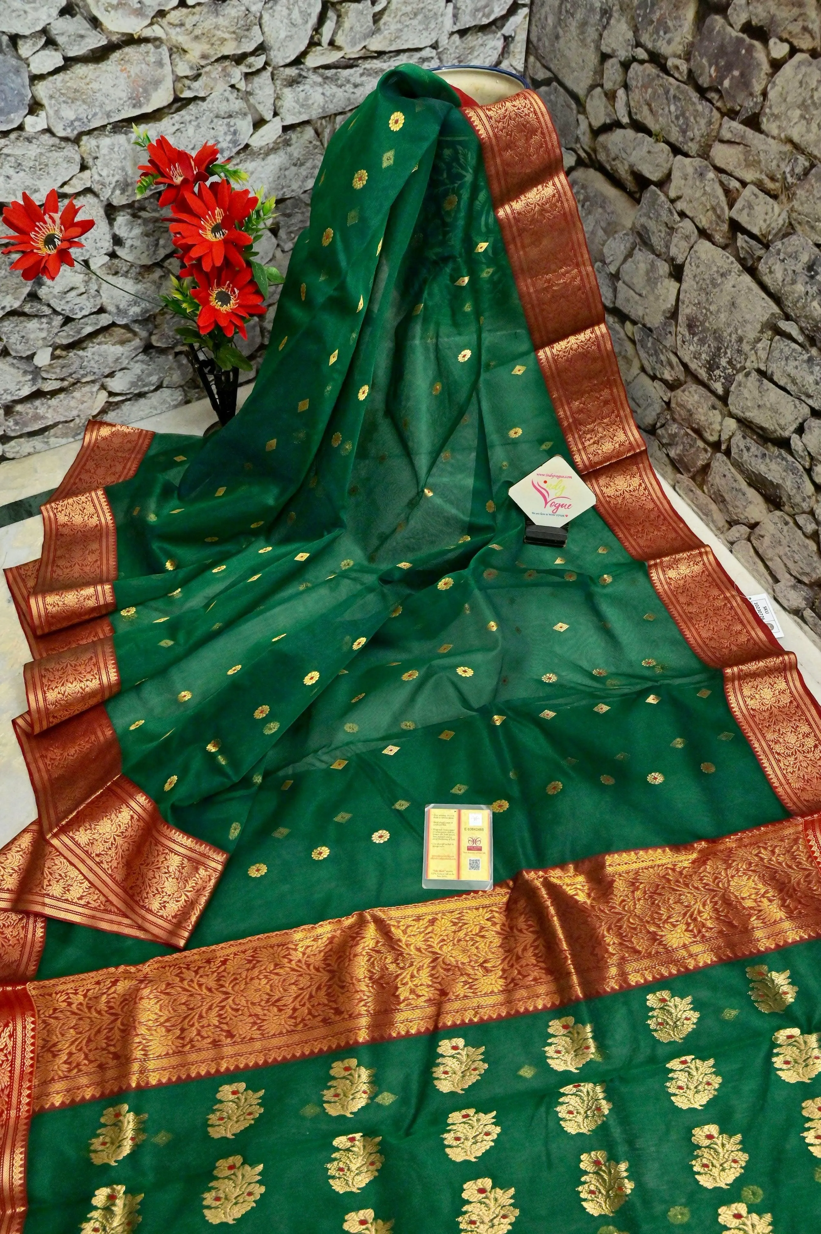 Dark Green and Red Color Chanderi Banarasi Saree with Meenakari