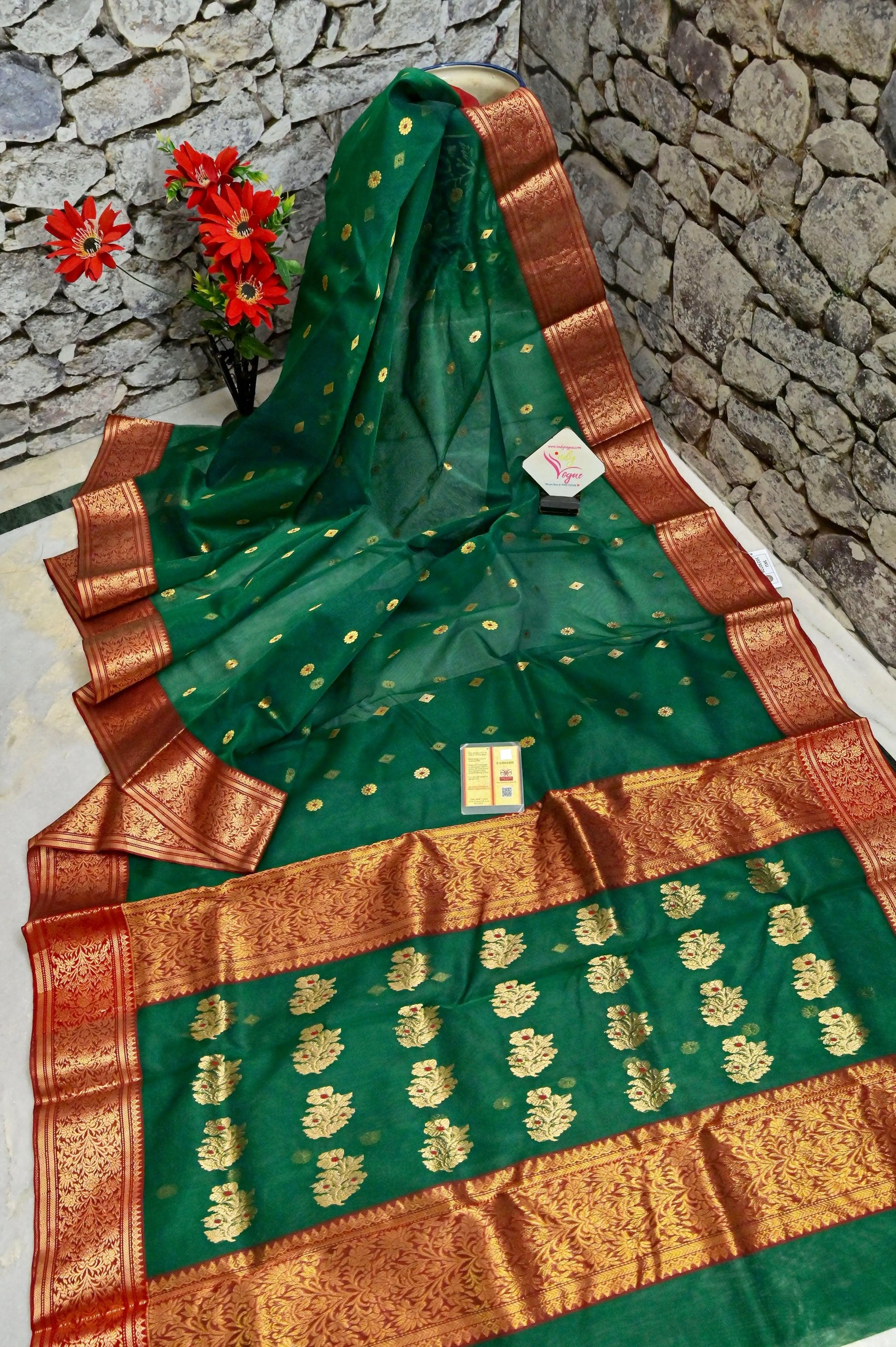 Dark Green and Red Color Chanderi Banarasi Saree with Meenakari