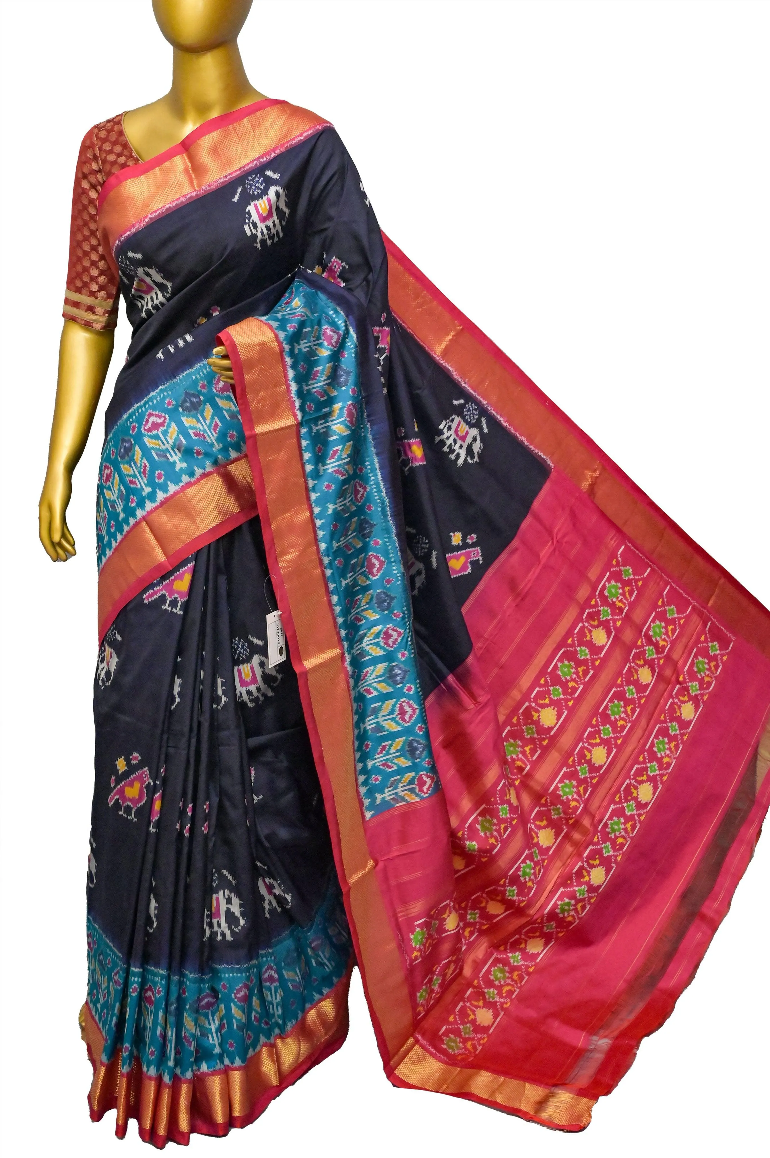 Deep Navy Blue Color Pure Ikat Patola Silk Saree