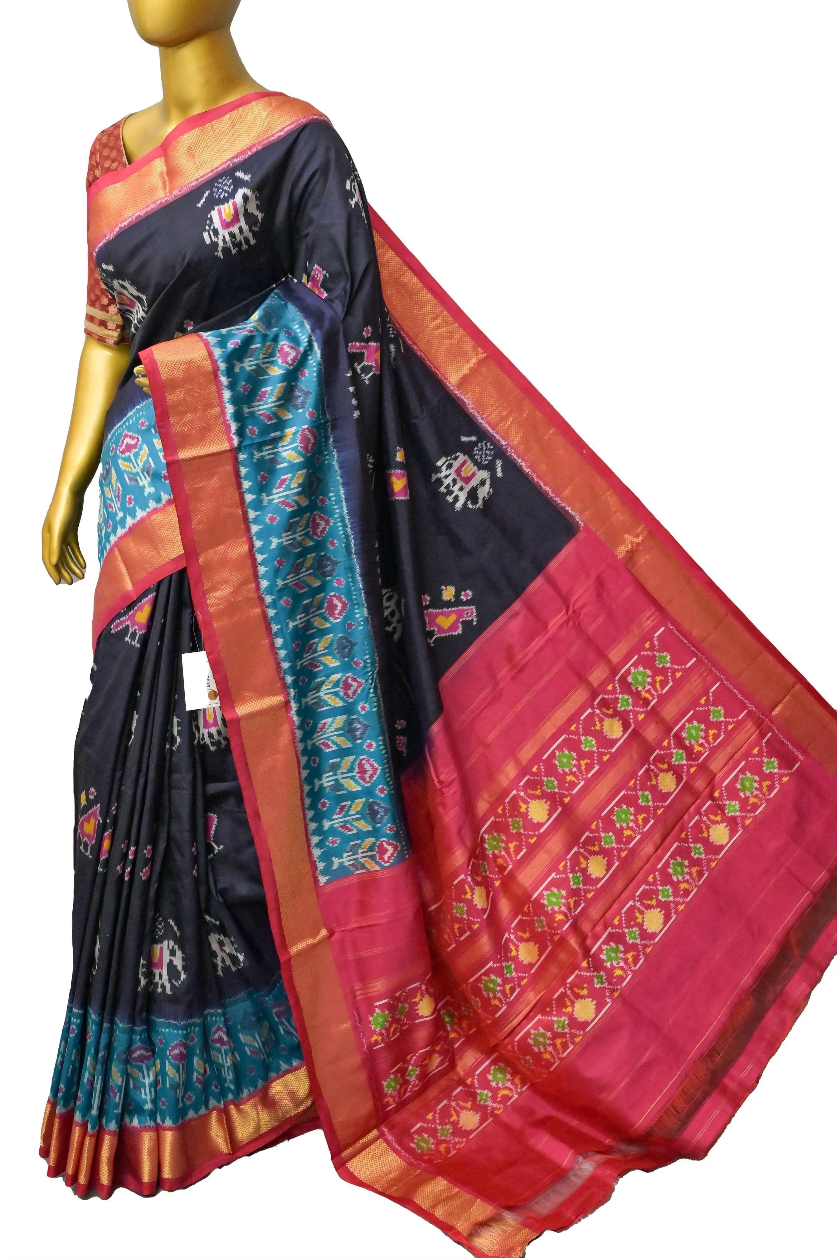 Deep Navy Blue Color Pure Ikat Patola Silk Saree