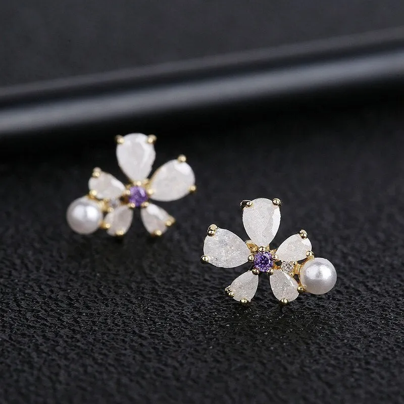 Delicate Golden CZ Crystal & Pearl Flower Stud Earrings