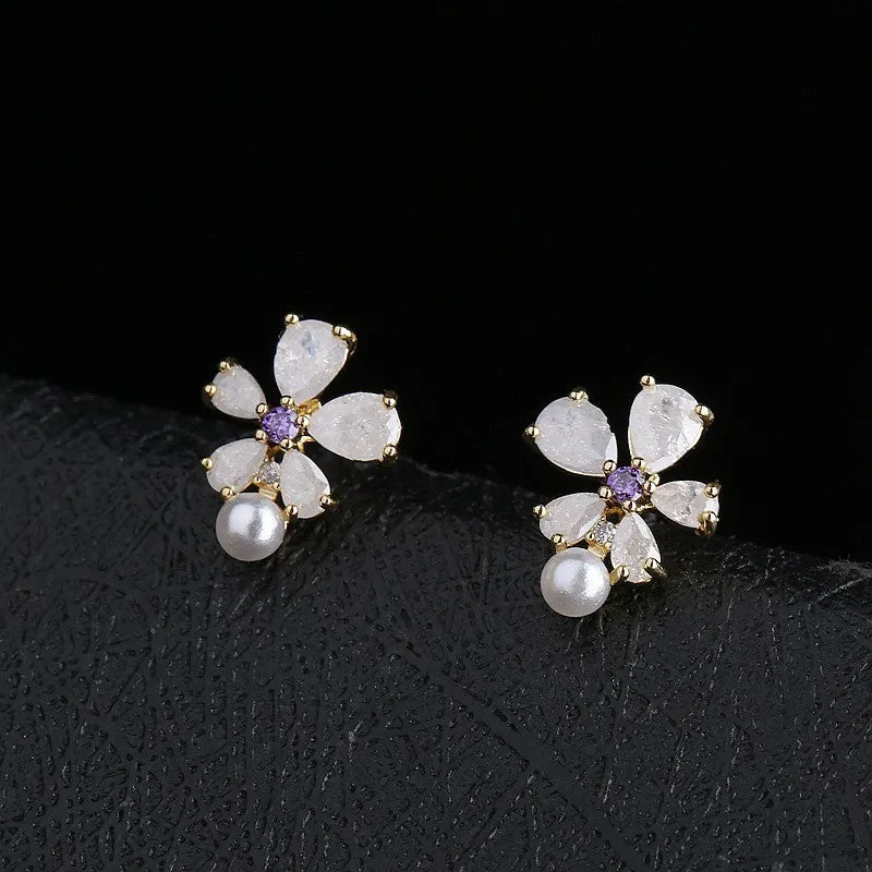 Delicate Golden CZ Crystal & Pearl Flower Stud Earrings