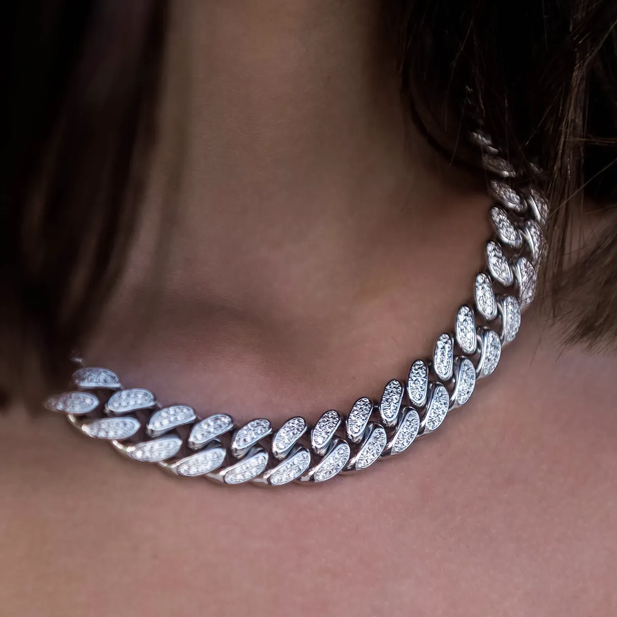 Diamond Cuban Link Necklace in White Gold- 12mm