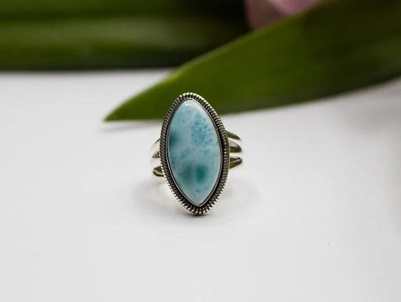 Dominican Natural Blue Larimar 925 Sterling Silver Handmade Ring