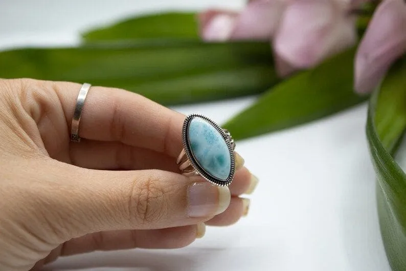 Dominican Natural Blue Larimar 925 Sterling Silver Handmade Ring