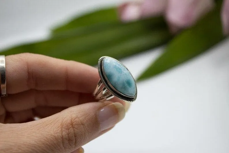 Dominican Natural Blue Larimar 925 Sterling Silver Handmade Ring