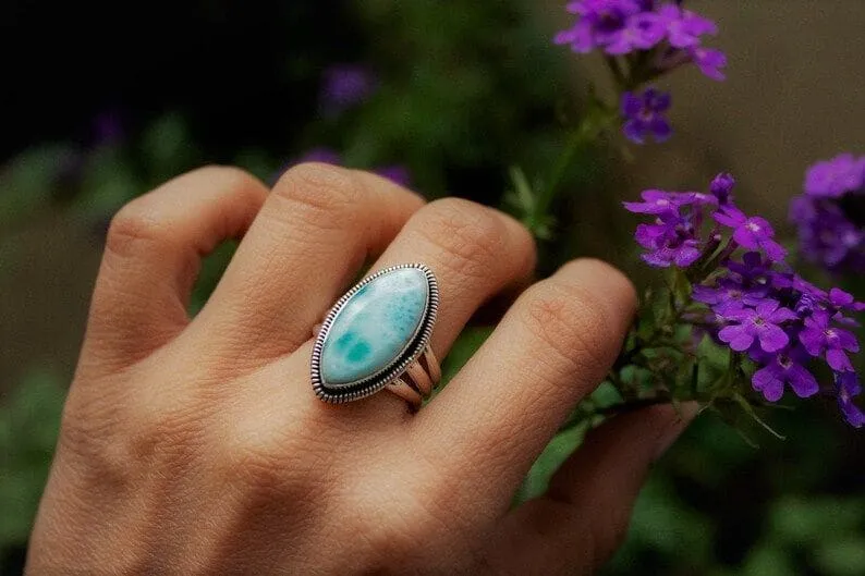 Dominican Natural Blue Larimar 925 Sterling Silver Handmade Ring