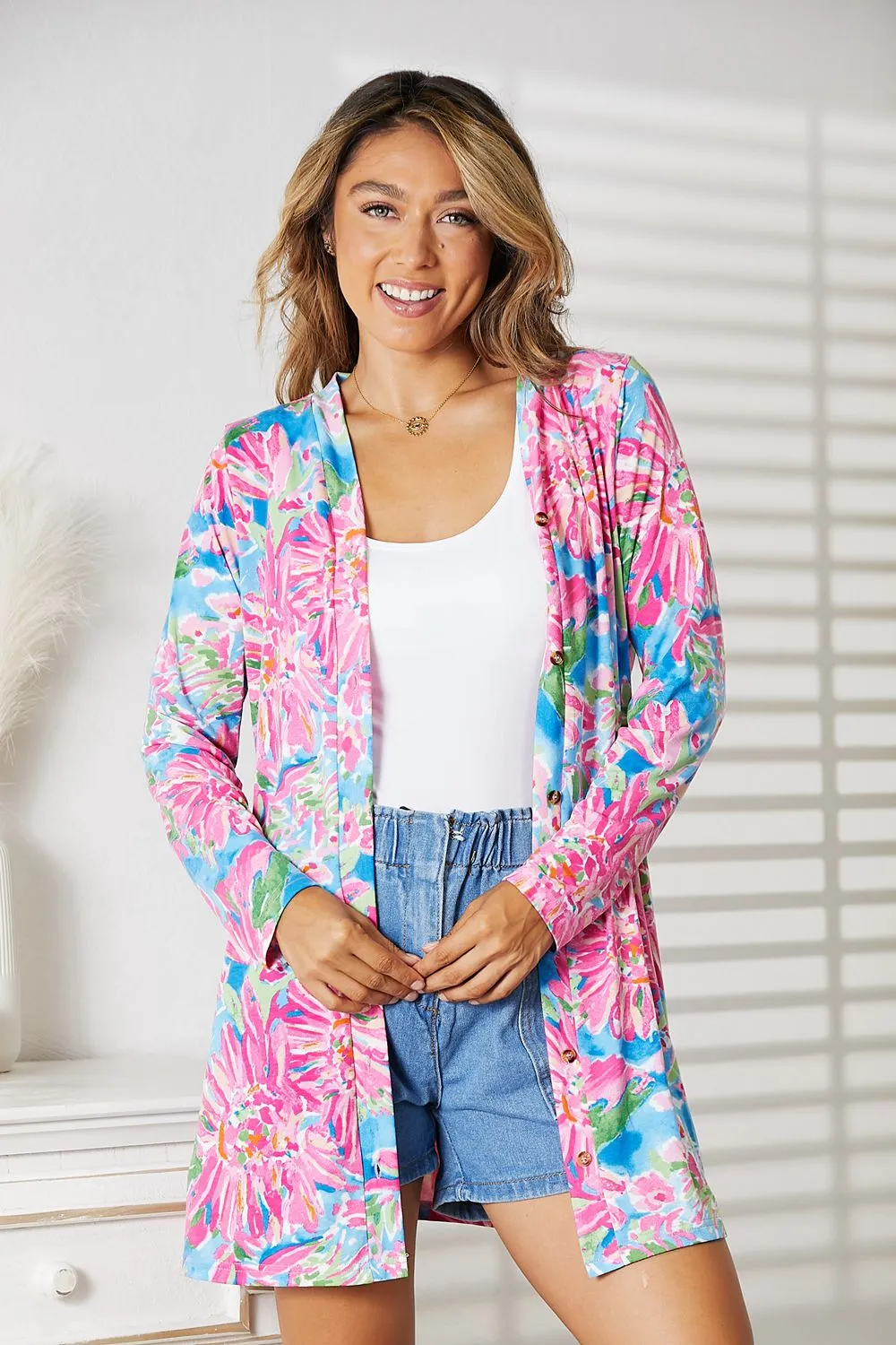 Double Take Floral Open Front Long Sleeve Cardigan