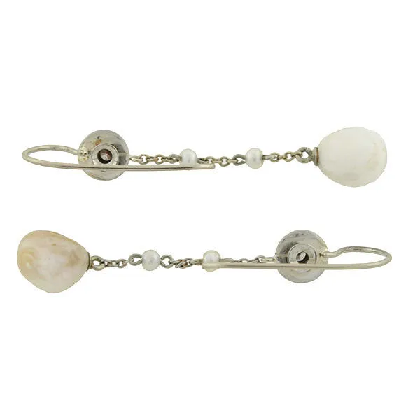 Edwardian 14kt Natural Pearl & Diamond Drop Earrings