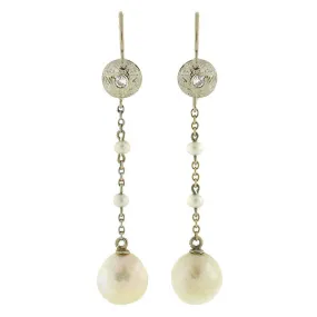 Edwardian 14kt Natural Pearl & Diamond Drop Earrings