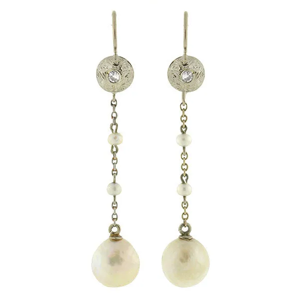 Edwardian 14kt Natural Pearl & Diamond Drop Earrings