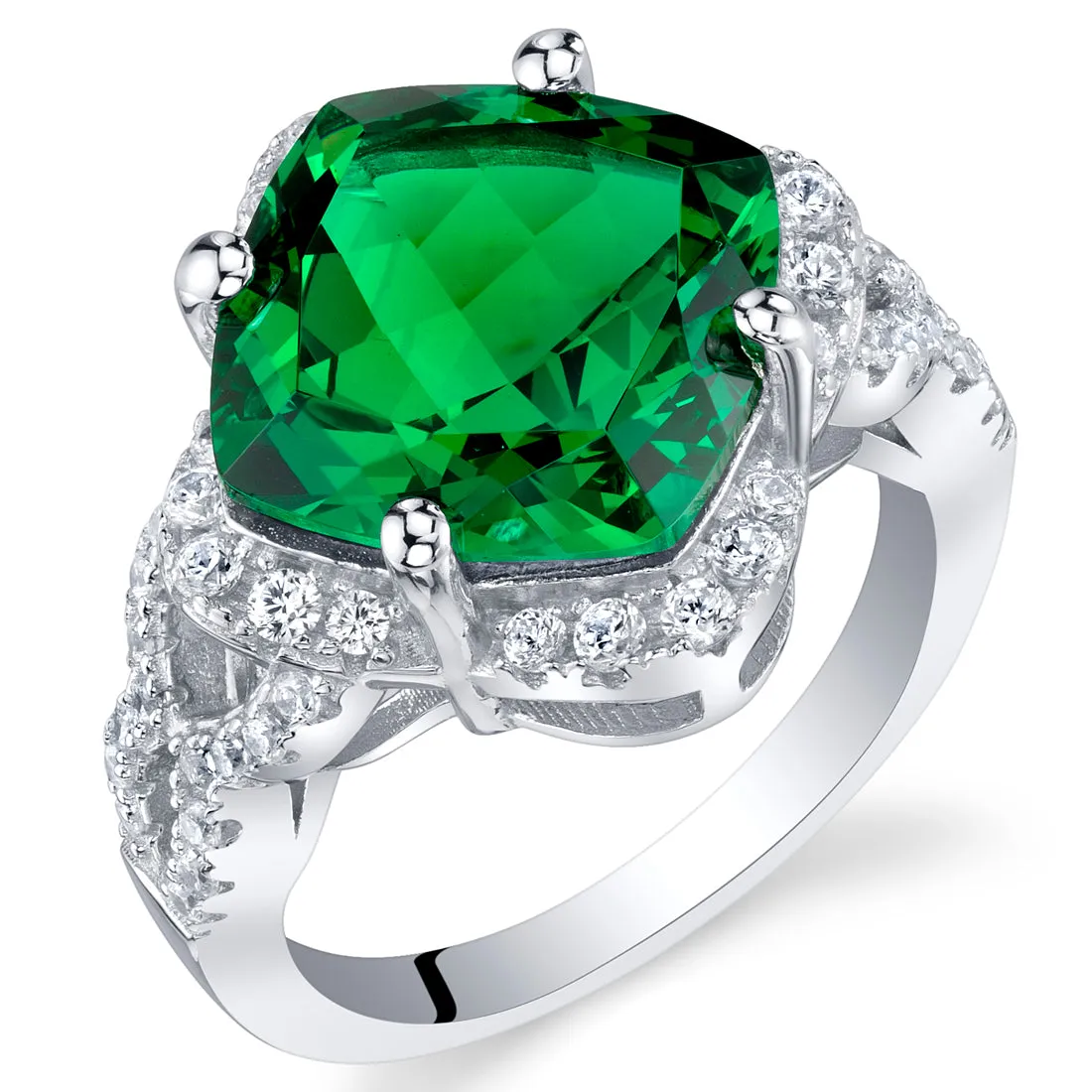 Emerald Cushion Cut Sterling Silver Ring Size 9