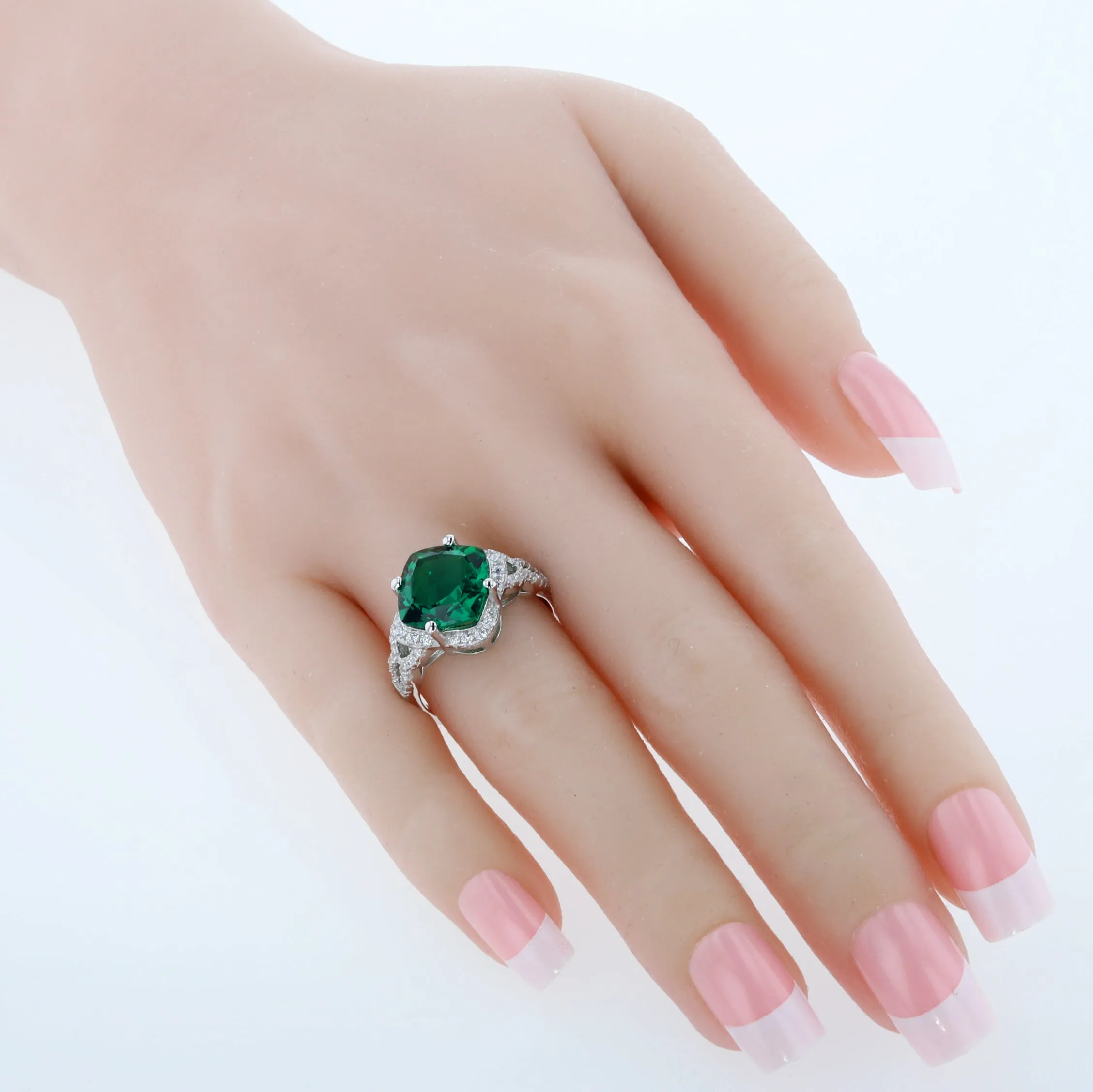 Emerald Cushion Cut Sterling Silver Ring Size 9