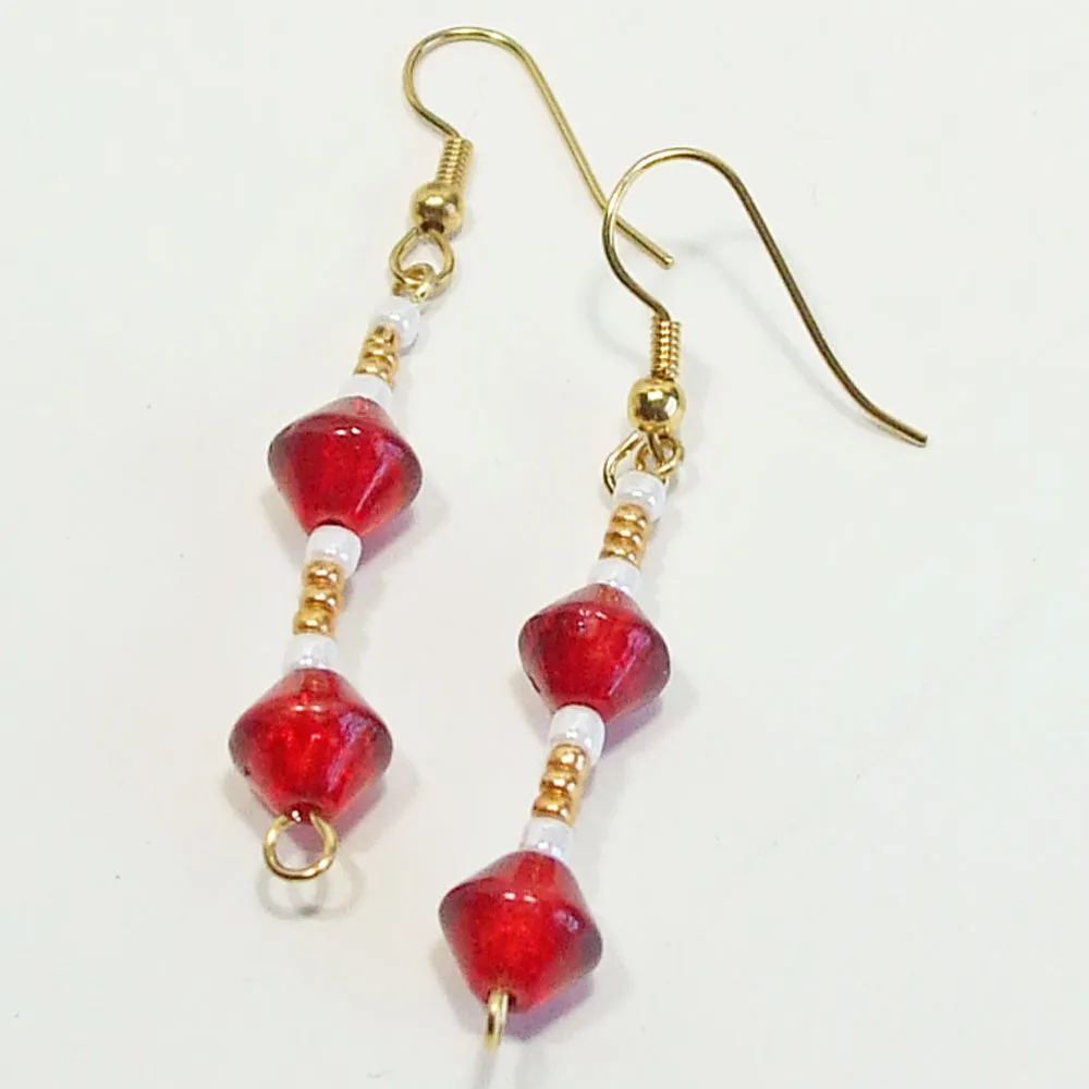 Erina, Christmas Red and Gold Beaded Dangle Earrings