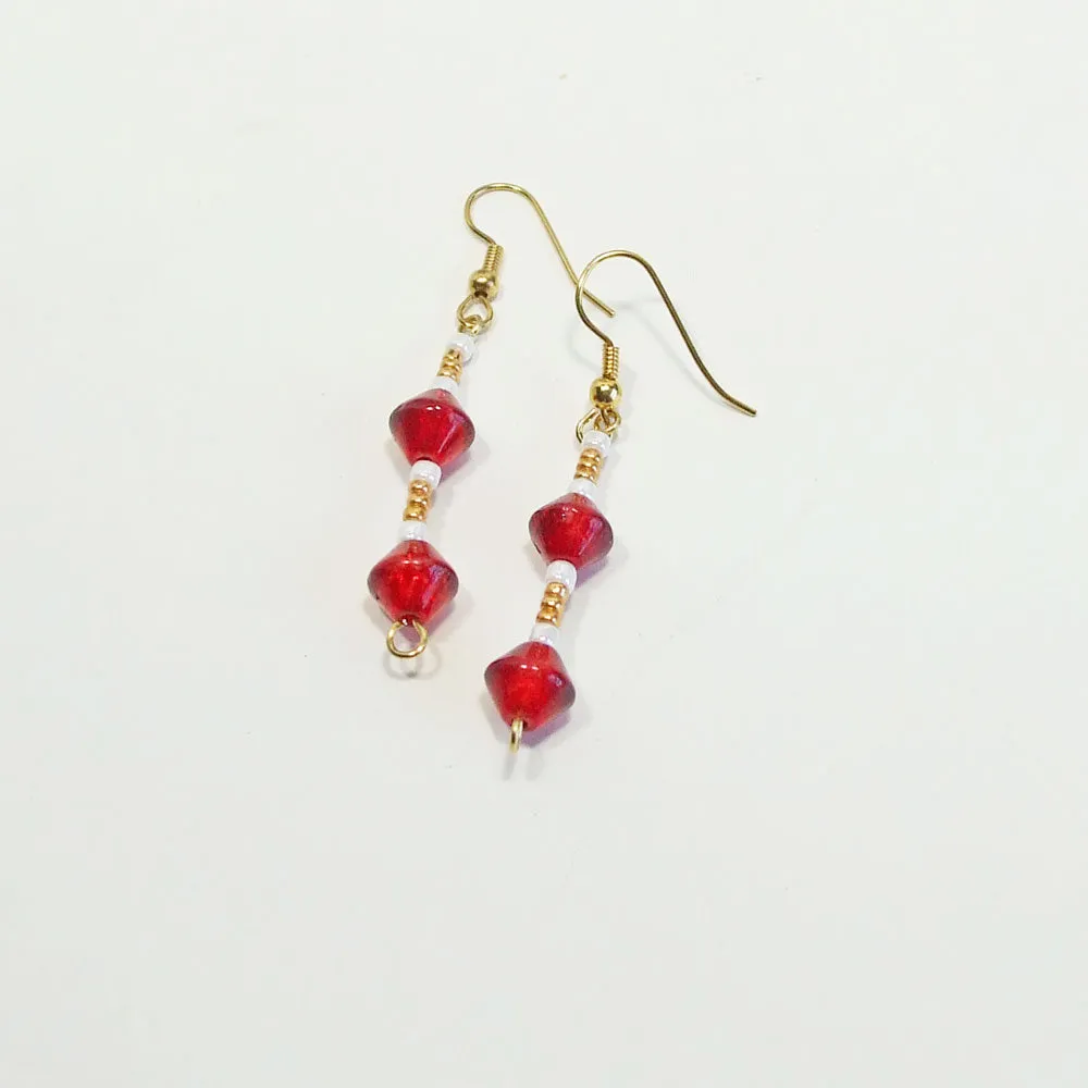 Erina, Christmas Red and Gold Beaded Dangle Earrings