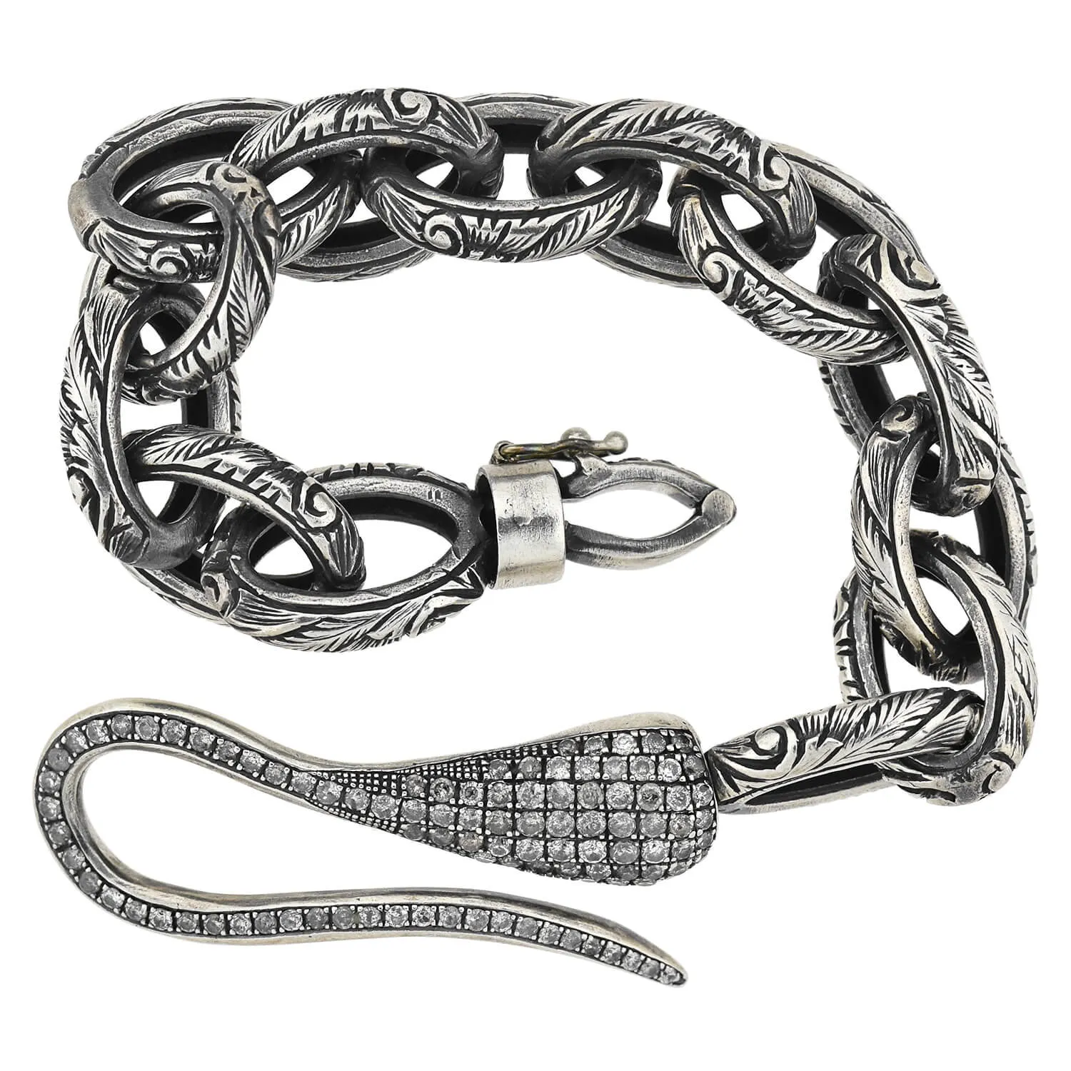 Estate Sterling Textured Link Bracelet   Diamond Hook Clasp