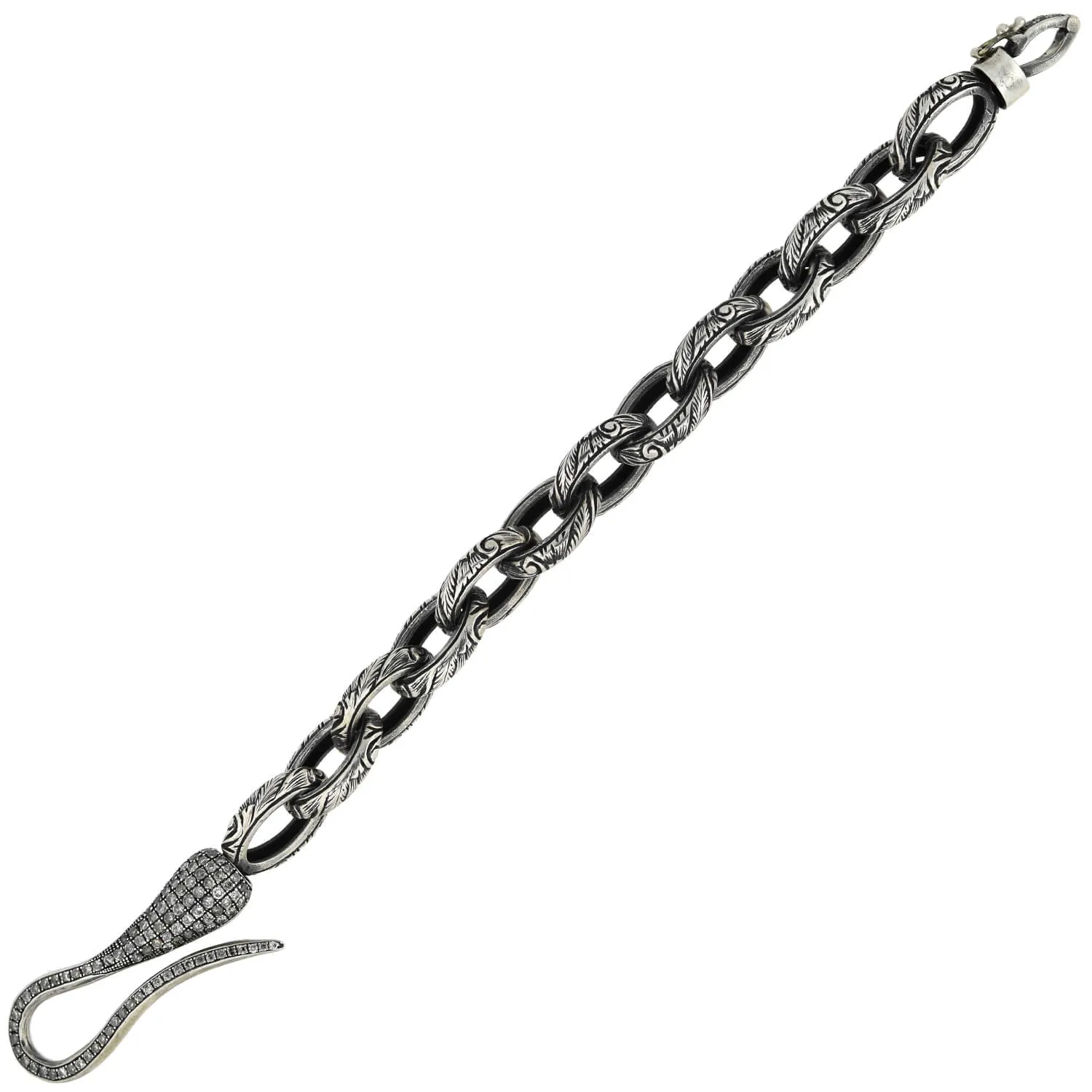 Estate Sterling Textured Link Bracelet   Diamond Hook Clasp