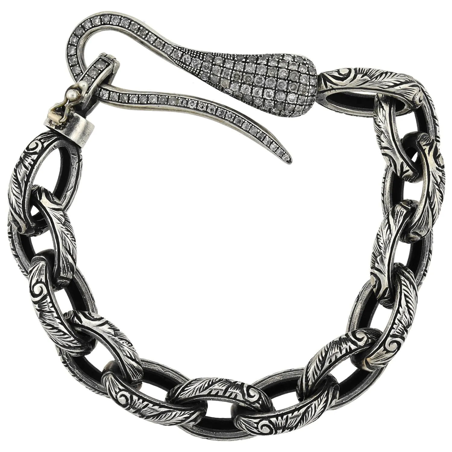 Estate Sterling Textured Link Bracelet   Diamond Hook Clasp