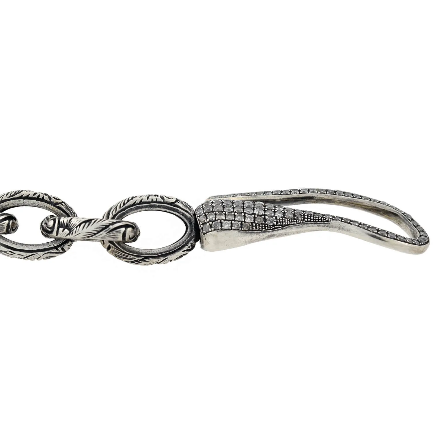 Estate Sterling Textured Link Bracelet   Diamond Hook Clasp