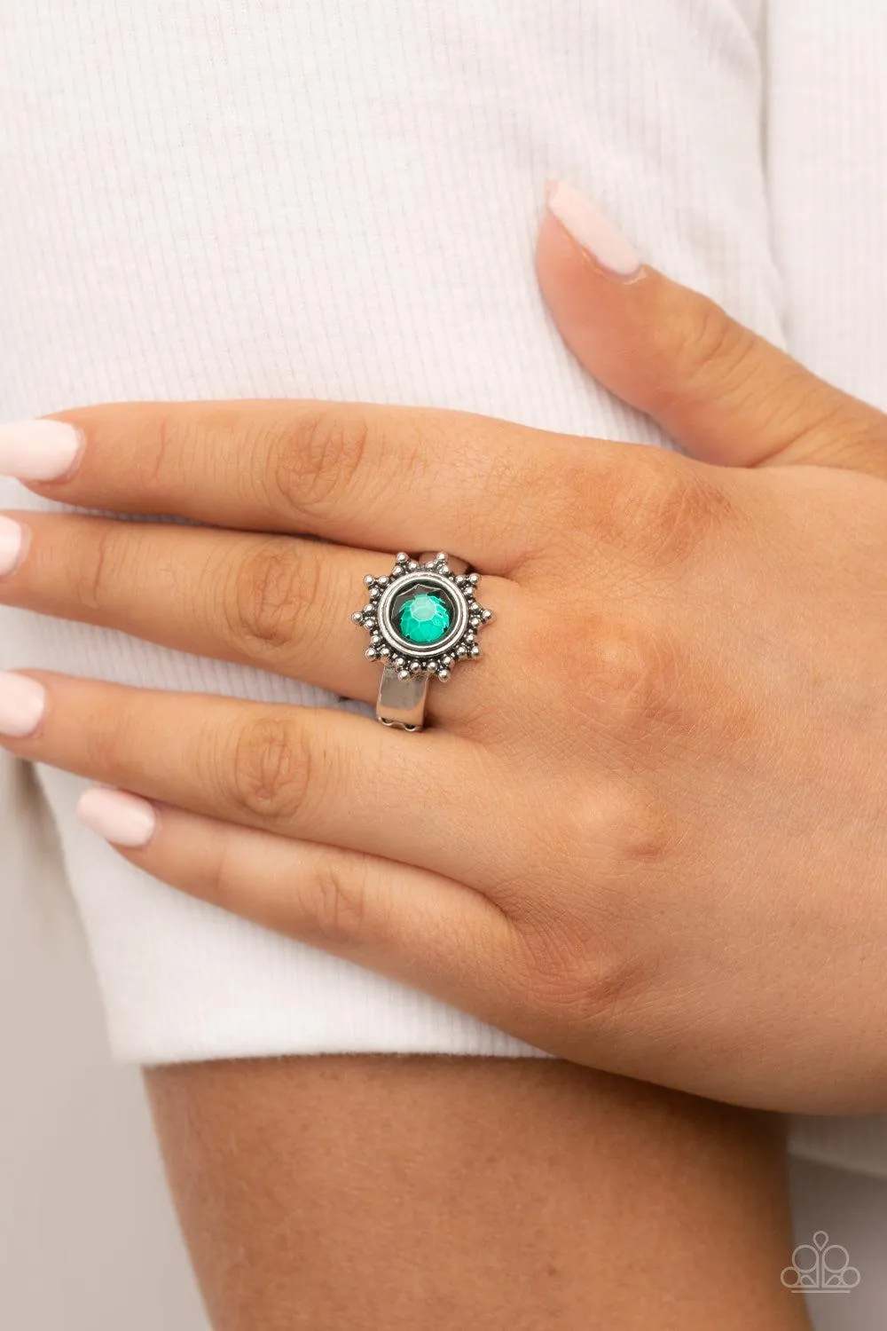 Expect Sunshine and REIGN Green Rhinestone Ring - Paparazzi Accessories