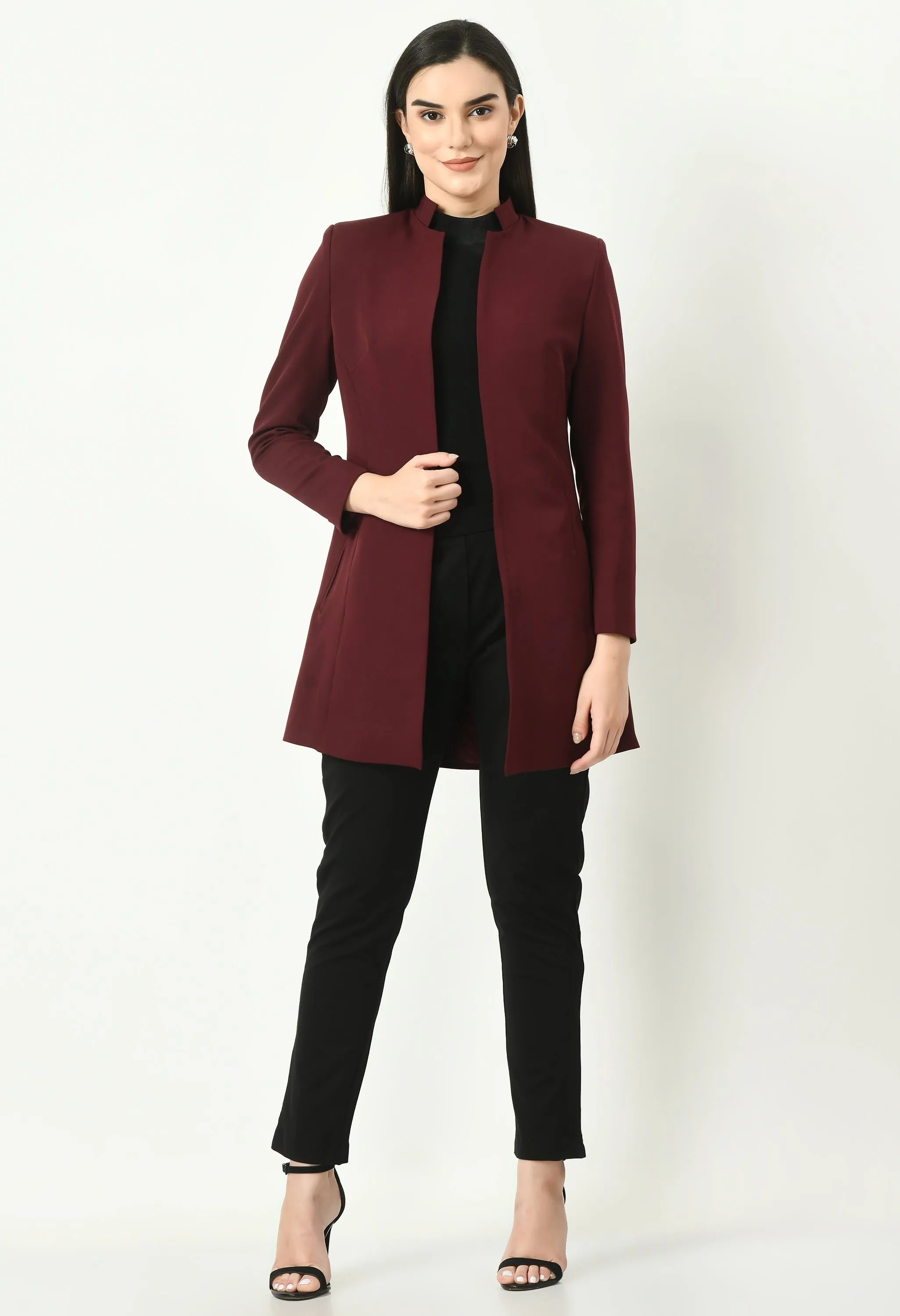 Exude Supremacy Solid Long Blazer (Wine)