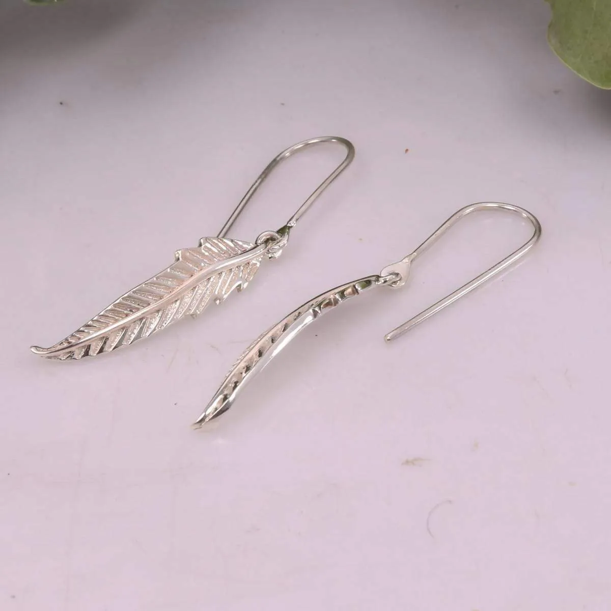 Feather Earrings in Sterling Silver, Leaf Earrings, Handcrafted 925 Solid Silver Earring, Dangle Earring, Women's Fashion Earring