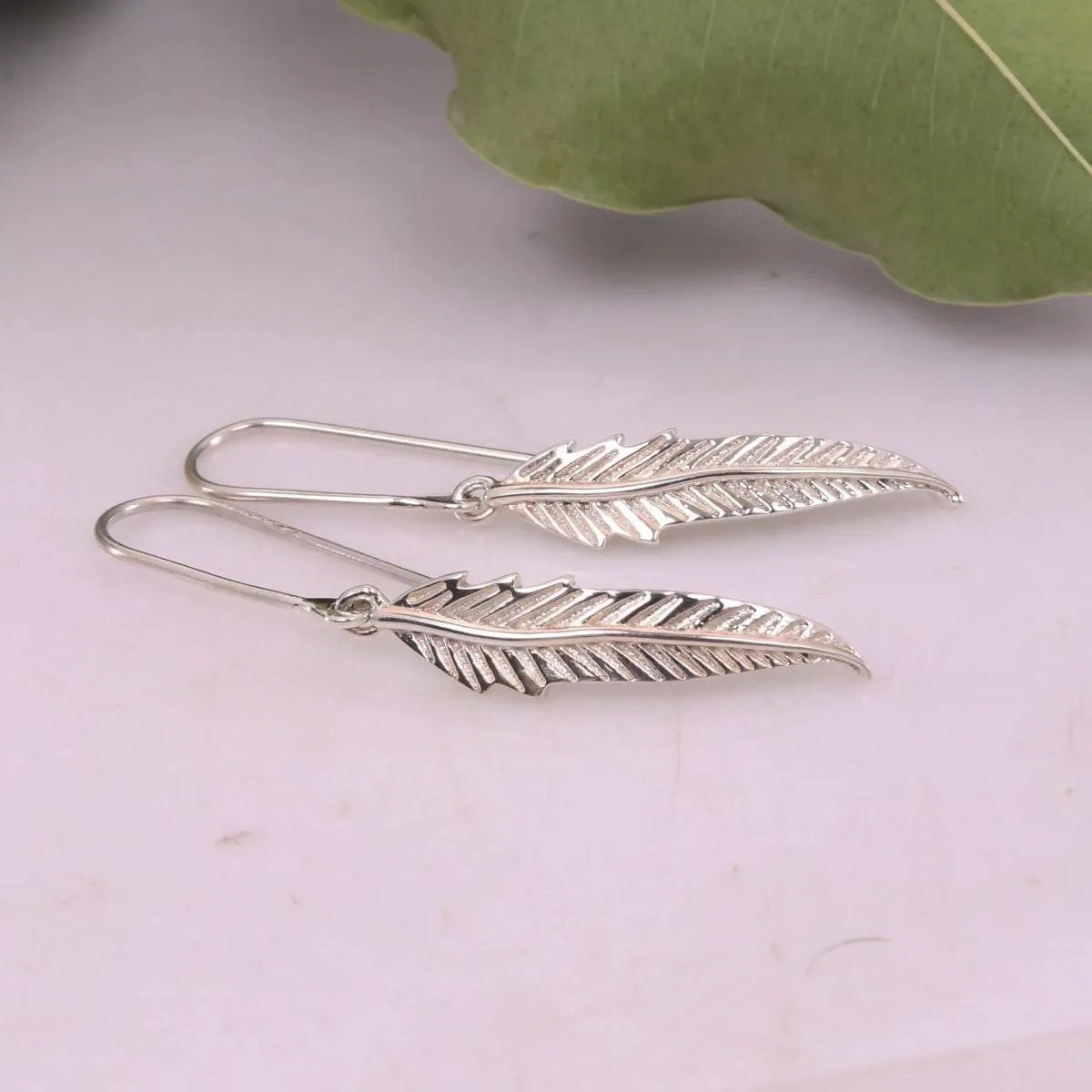 Feather Earrings in Sterling Silver, Leaf Earrings, Handcrafted 925 Solid Silver Earring, Dangle Earring, Women's Fashion Earring