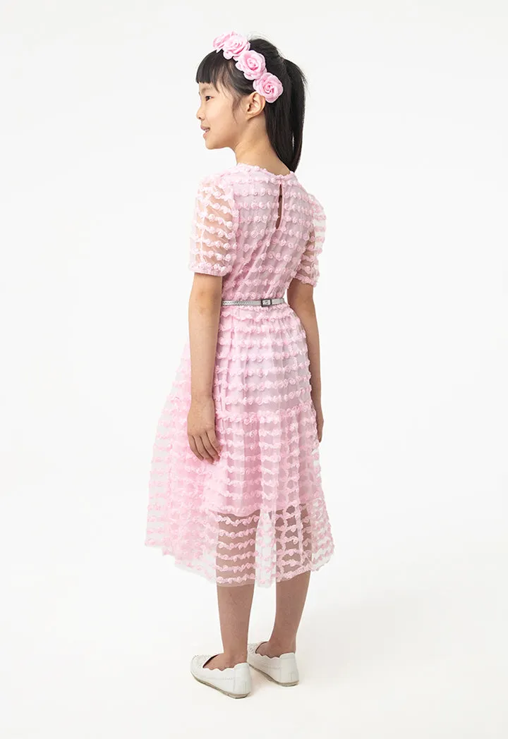 Flowers Puffy Organza Sleeves Dress With Belt