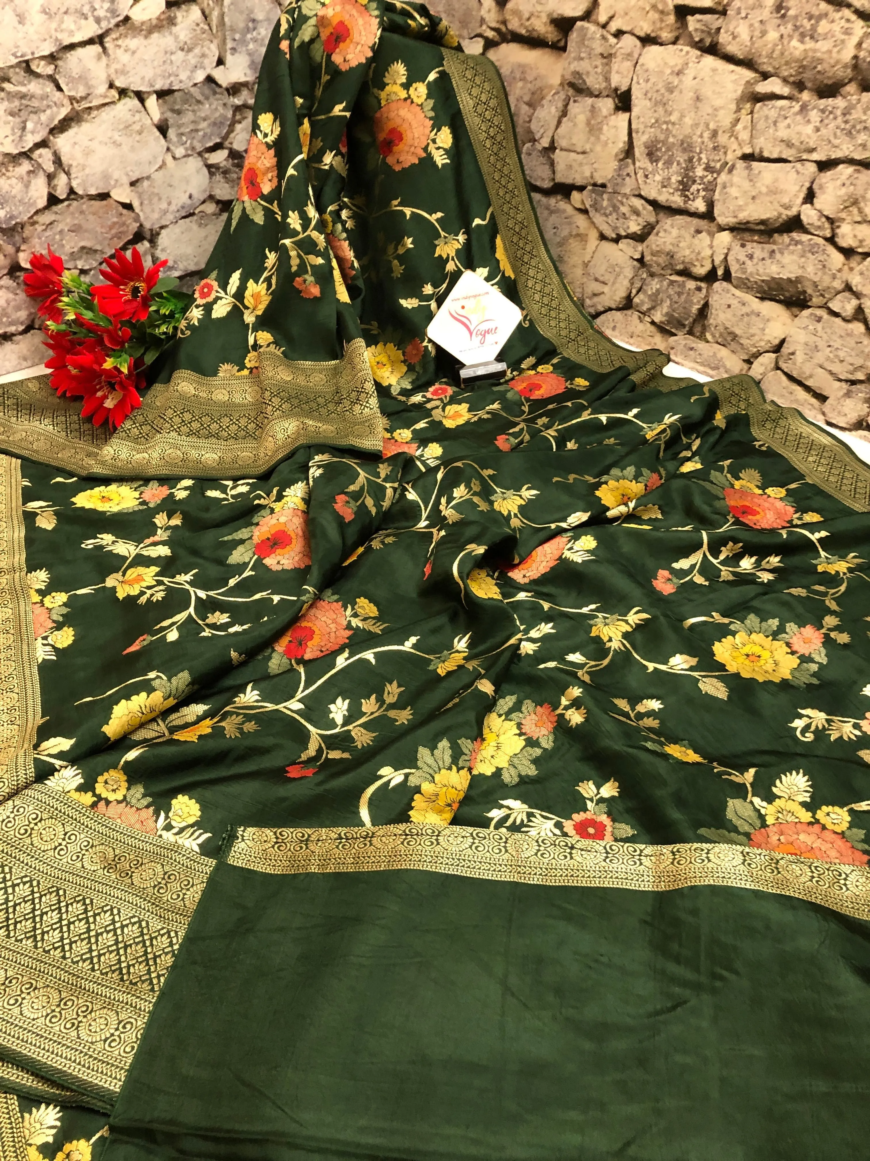 Forest Green Color Muga Banarasi Saree with Meenakari Work