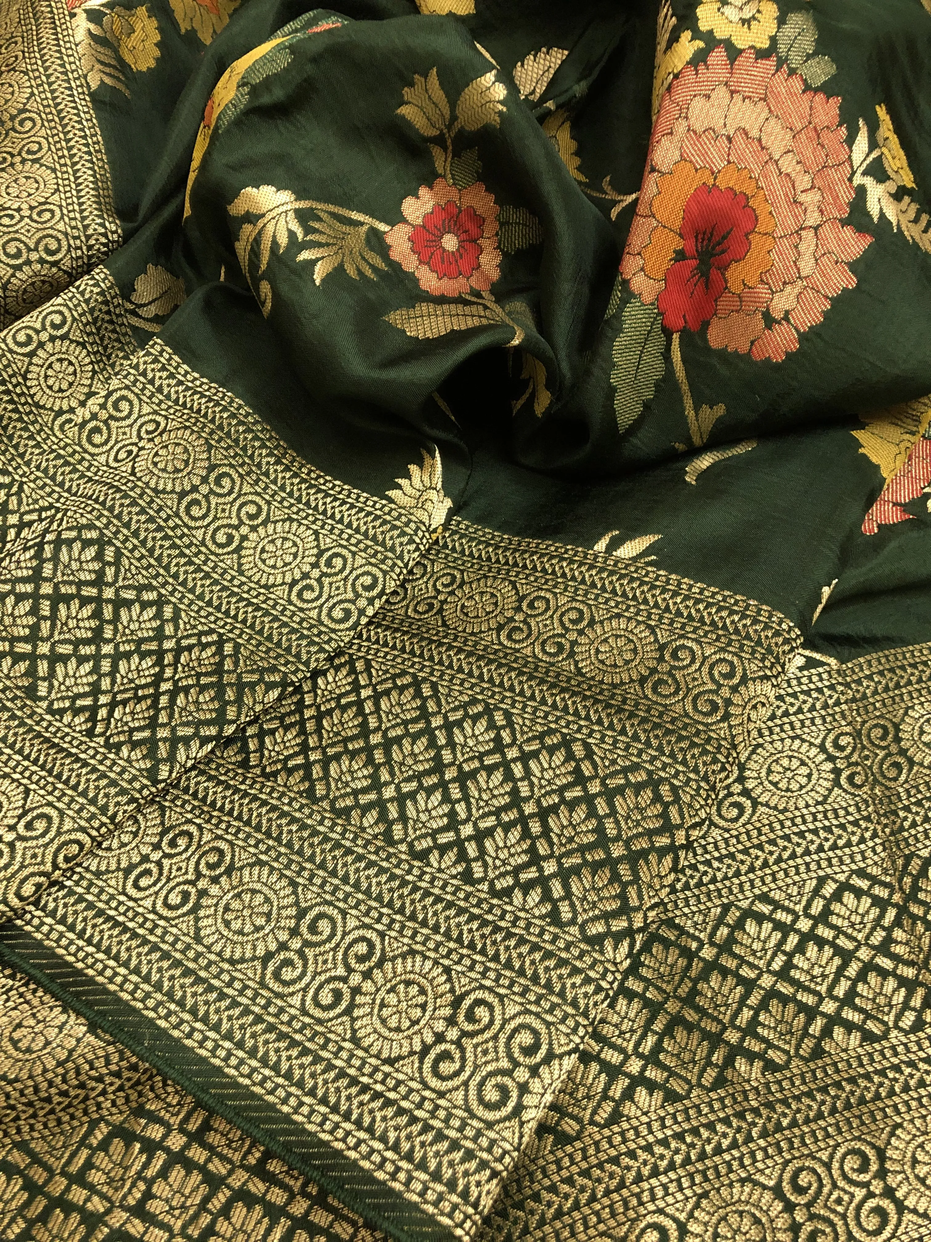 Forest Green Color Muga Banarasi Saree with Meenakari Work