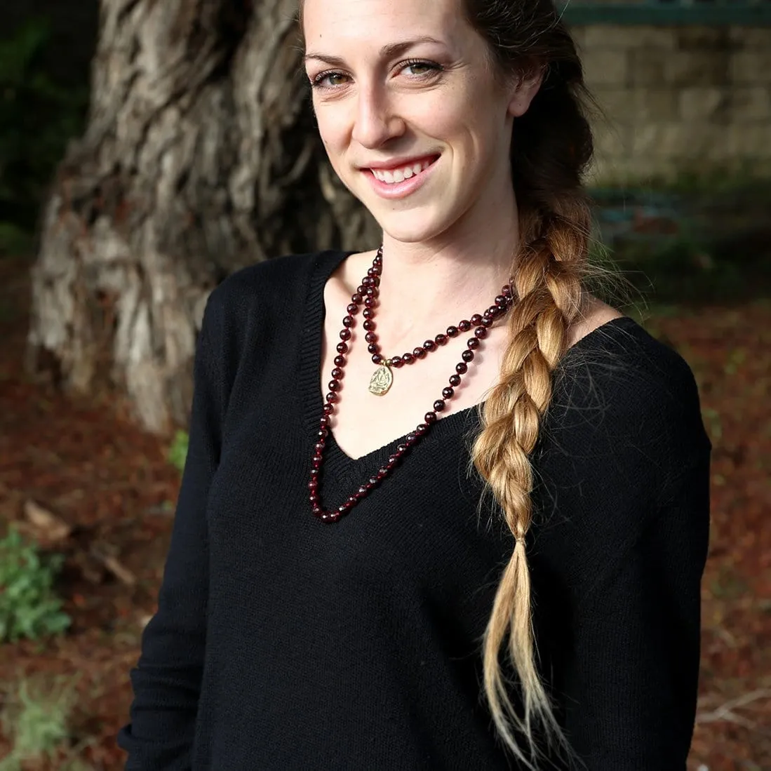 Garnet Hand Knotted Mala Necklace with Ganesh 'Success' Pendant