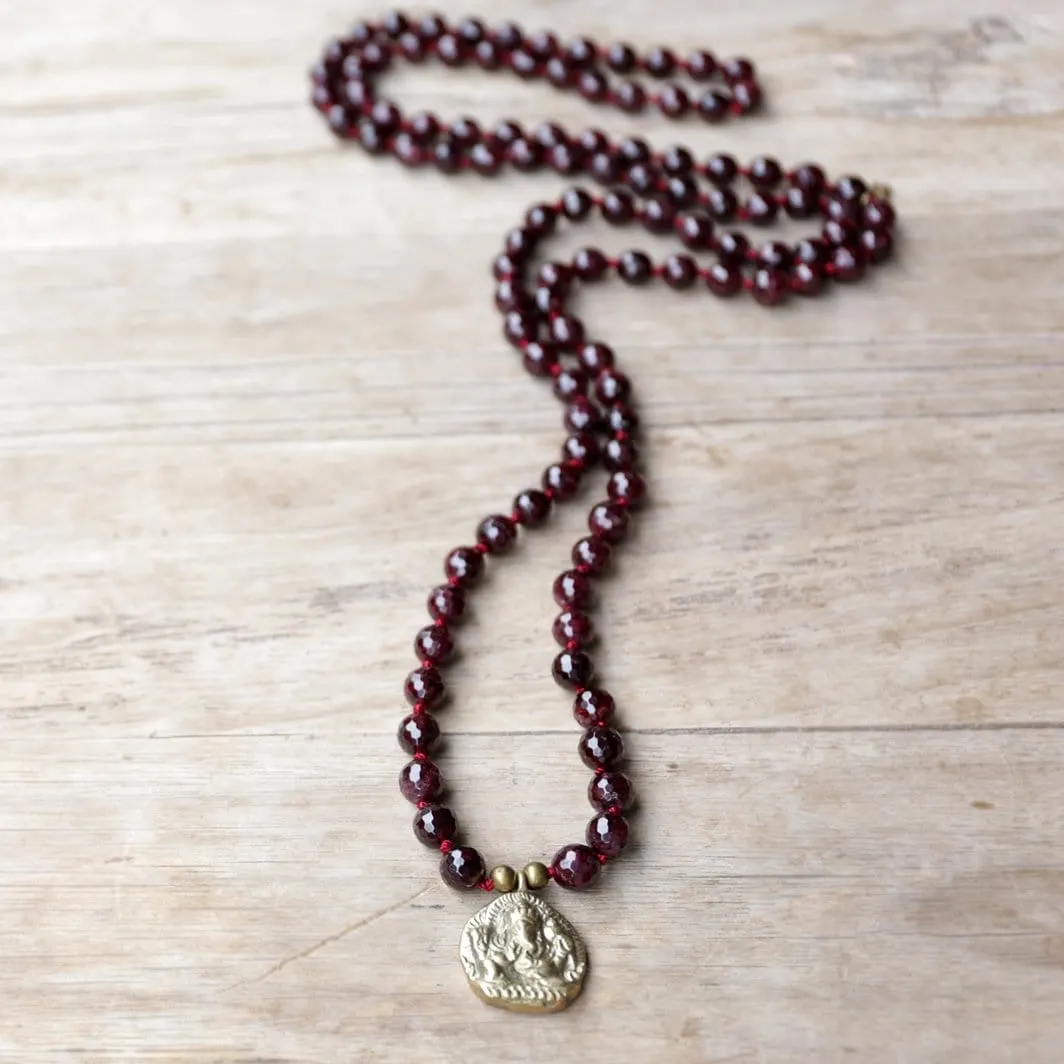 Garnet Hand Knotted Mala Necklace with Ganesh 'Success' Pendant