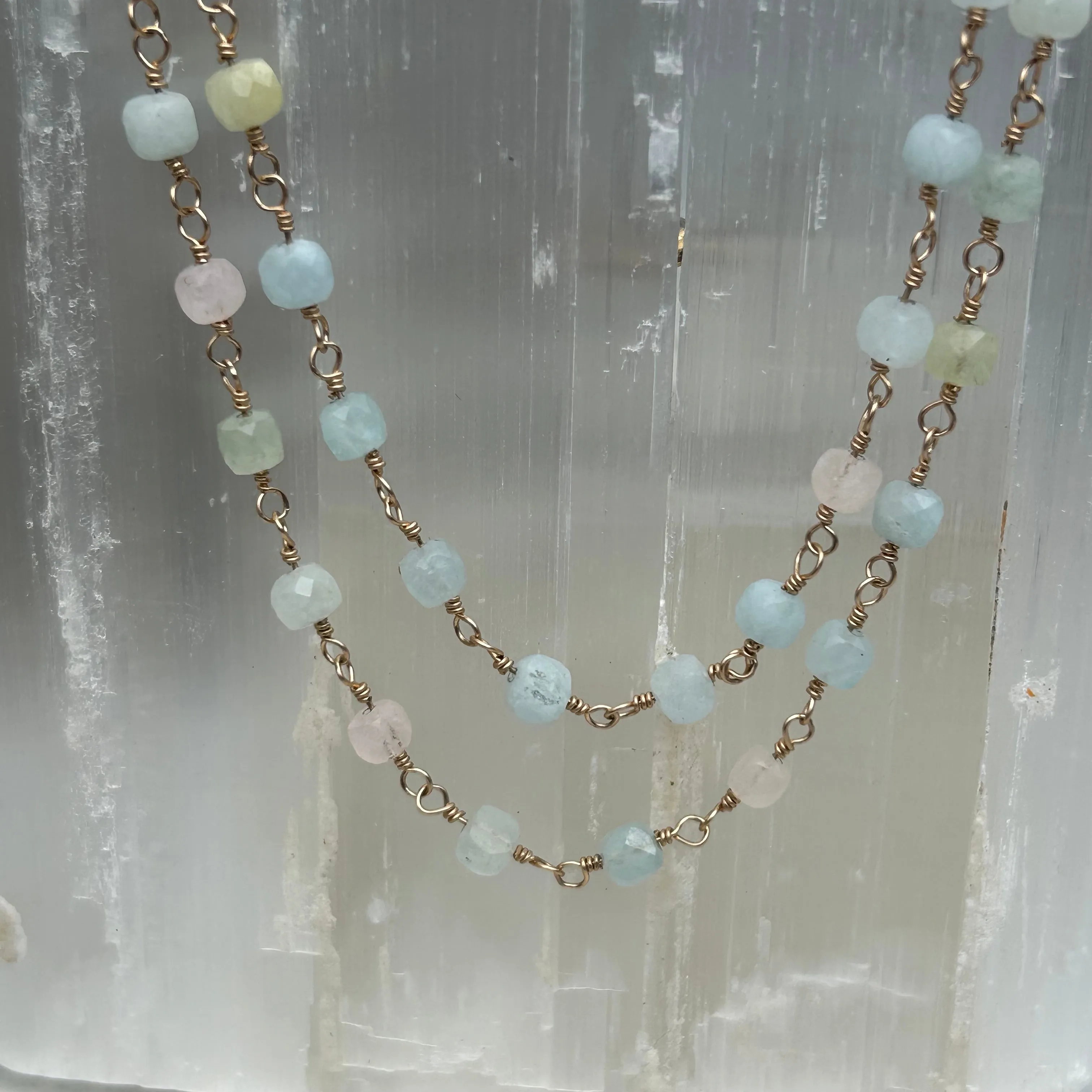 Gemstone Rosary Necklace ~ Aquamarine Cubes