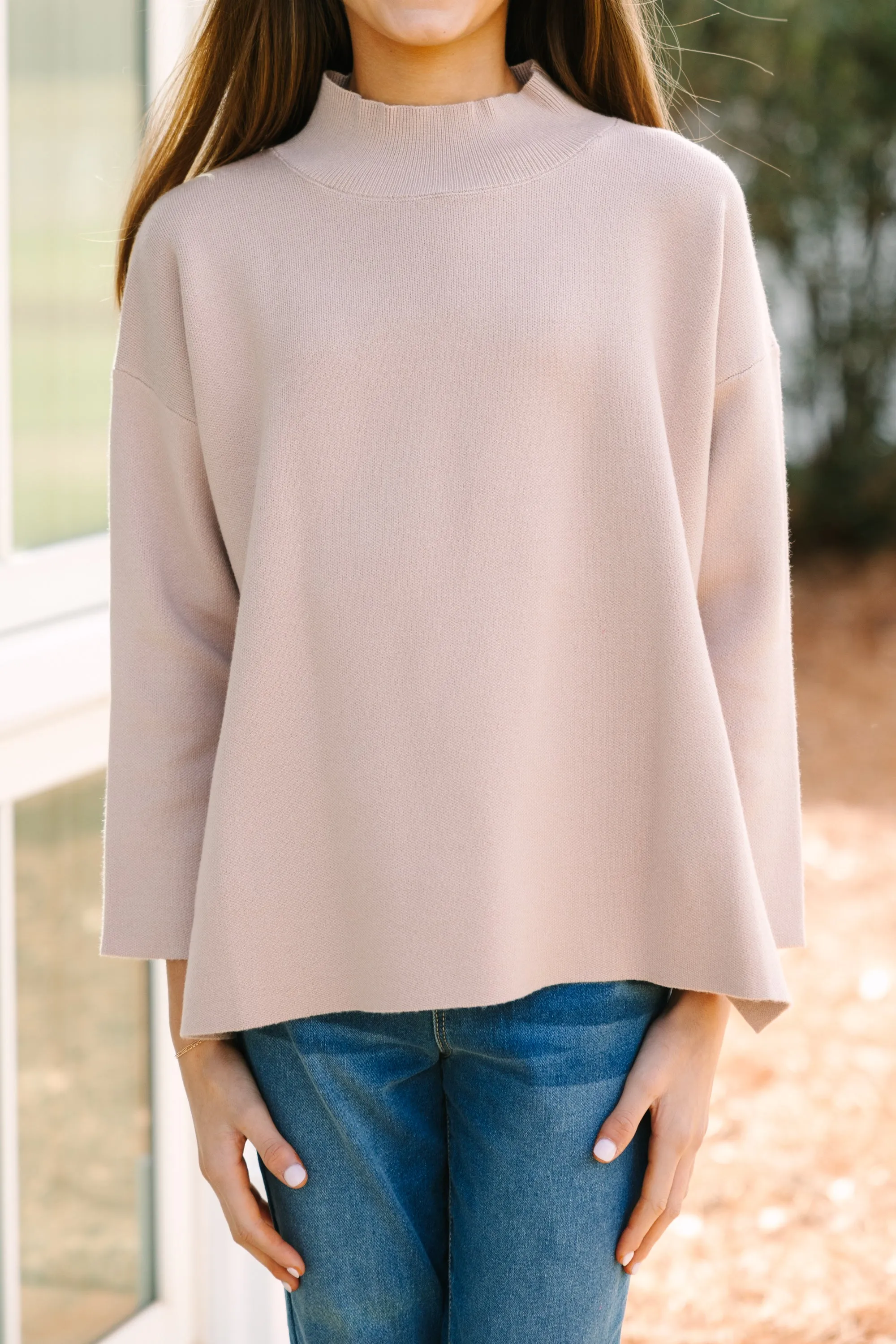 Girls: Going With You Taupe Brown Mock Neck Sweater