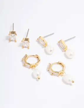 Gold Plated Cubic Zirconia Baguette Freshwater Pearl Earrings Pack