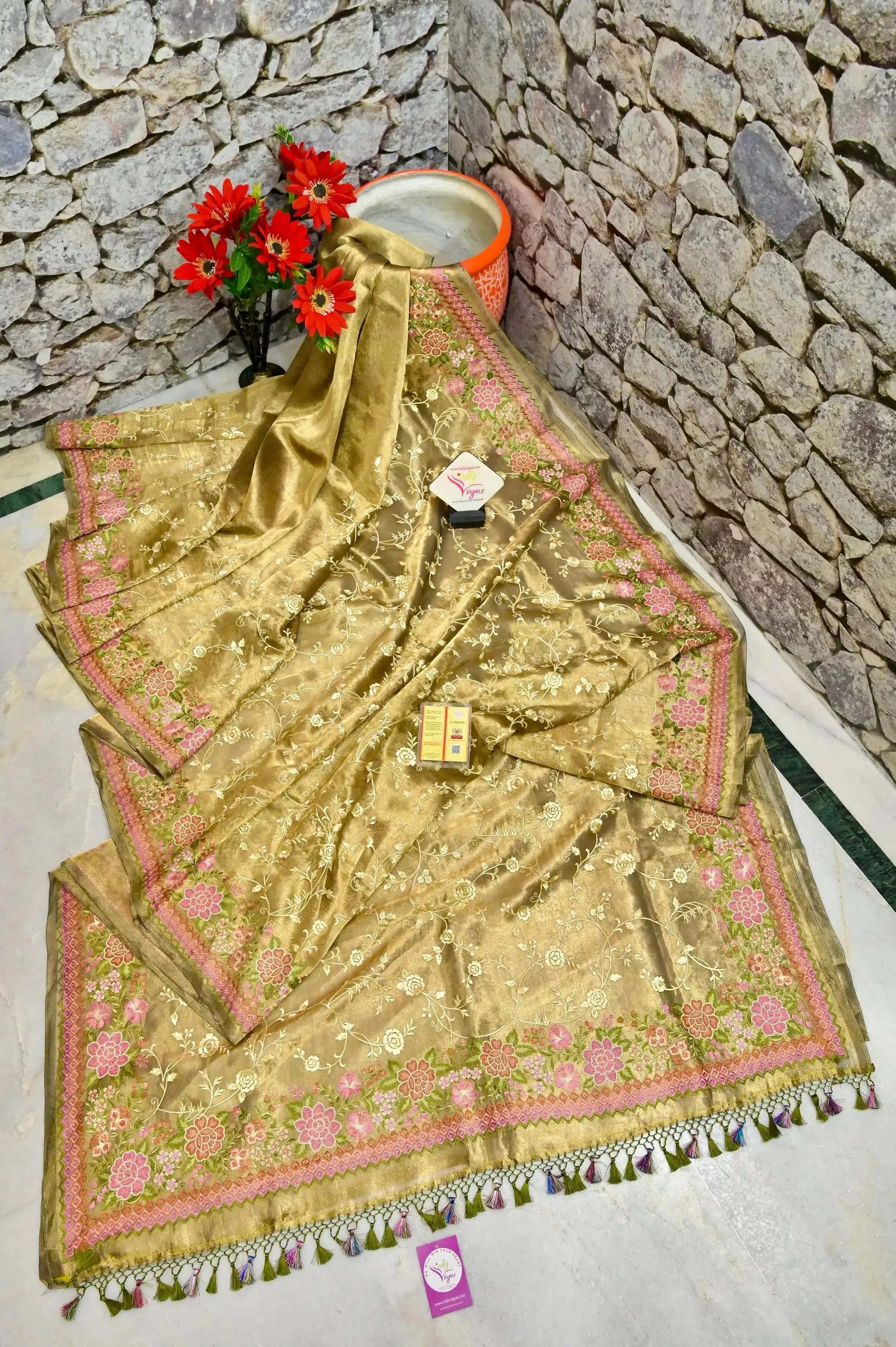 Golden and Mehendi Green Dual Tone Pure Tissue Silk Saree with Allover Jaal and Meenakari Border